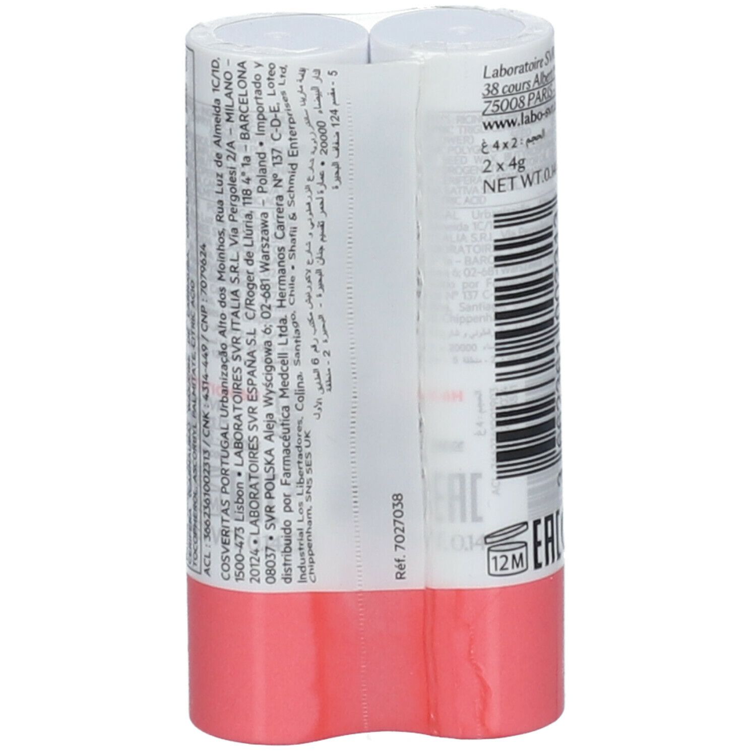 Emballage de deux sticks à lèvres. Inscription : SVR, TOPIALYSE. Dos avec texte et code-barres. Base rose.