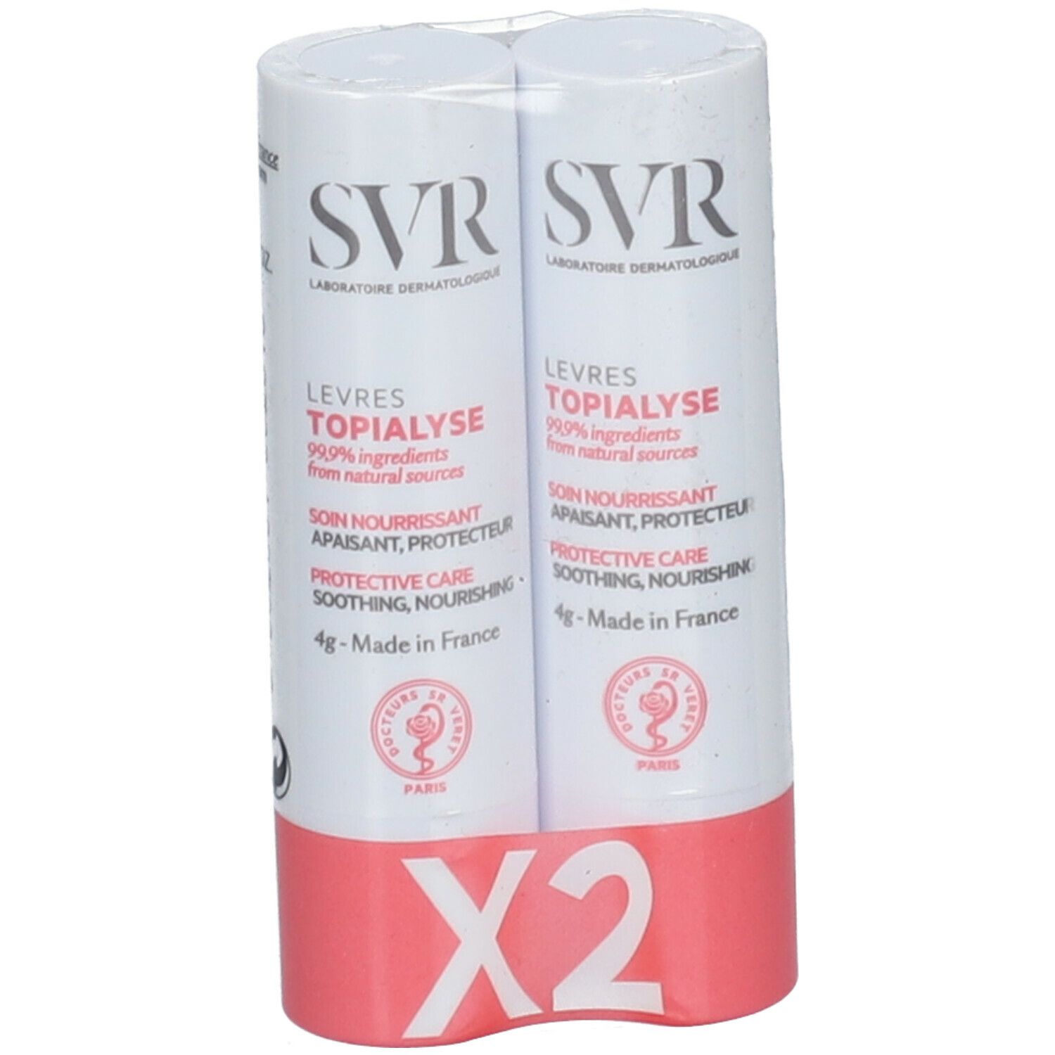 Deux sticks lèvres dans un emballage. Inscription : SVR, TOPIALYSE, 99,9% ingrédients d'origine naturelle. X2.