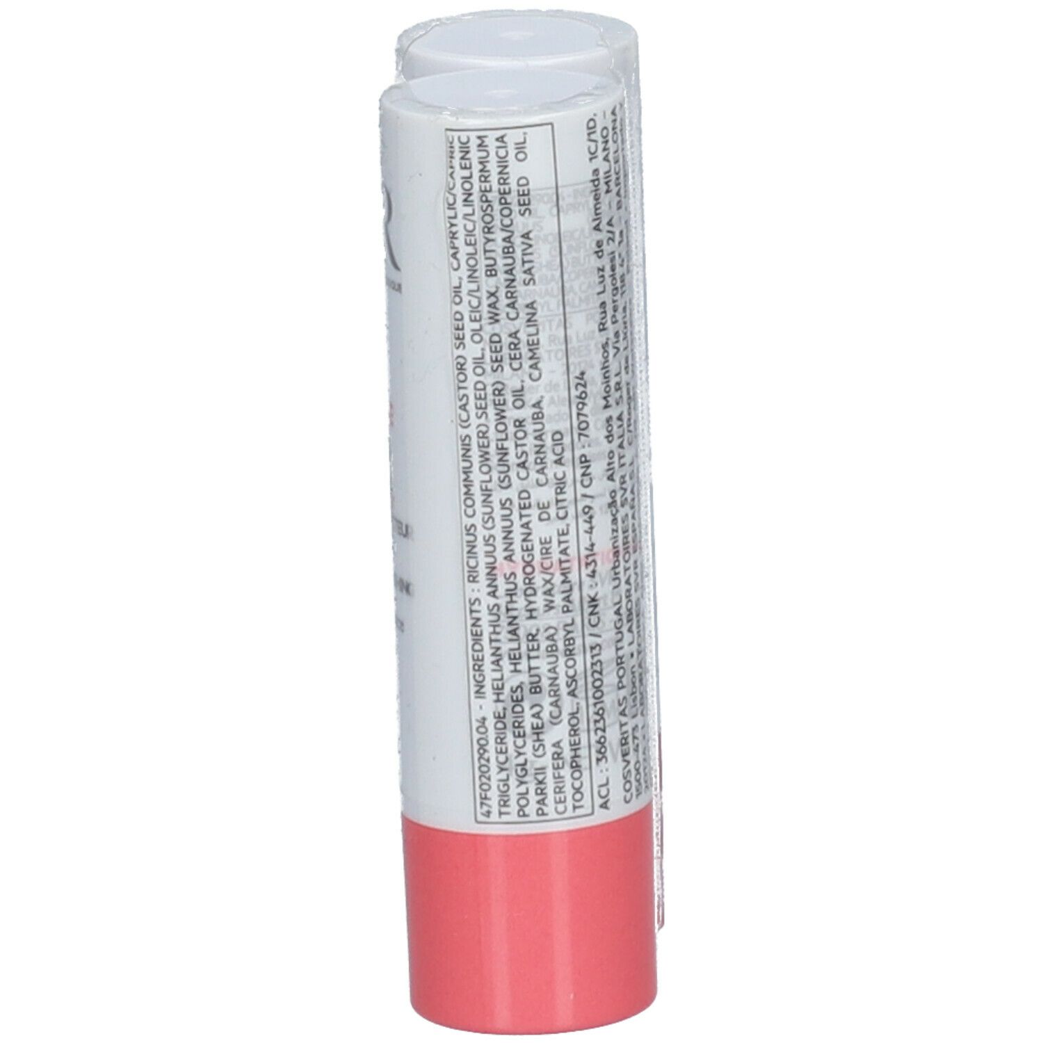 Deux sticks à lèvres. Inscription : ingrédients. Base rose. Bouchon blanc.