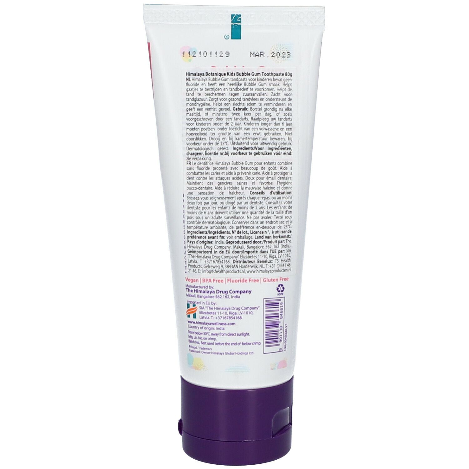 Tandpastatube met tekst. Opschrift: Himalaya Botanik Kids Bubble Gum. Paarse dop. Vegan, BPA-vrij, fluoridevrij, glutenvrij.