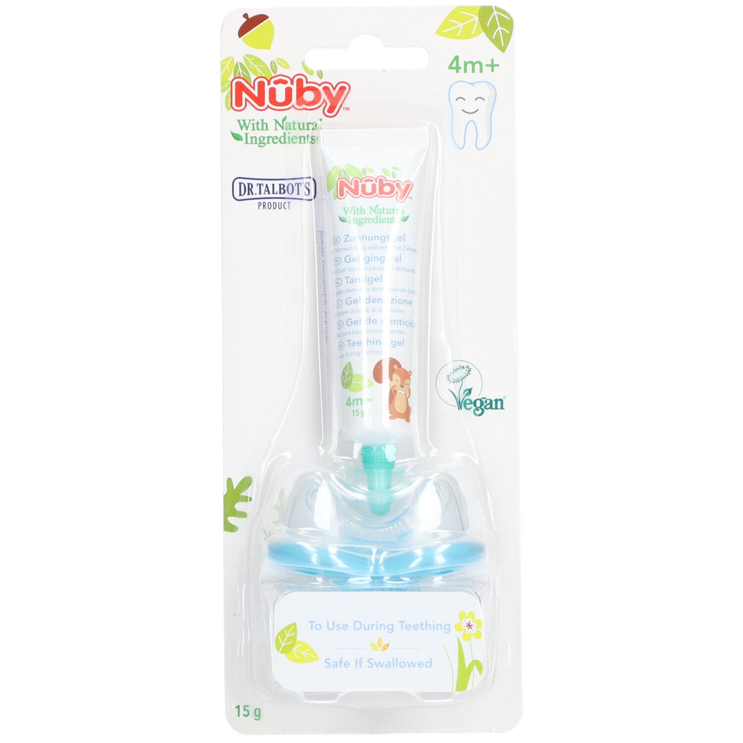 Zahngel-Tube mit Applikator in Blisterverpackung. Marke Nûby, 4m+. Vegan-Siegel. 15g.