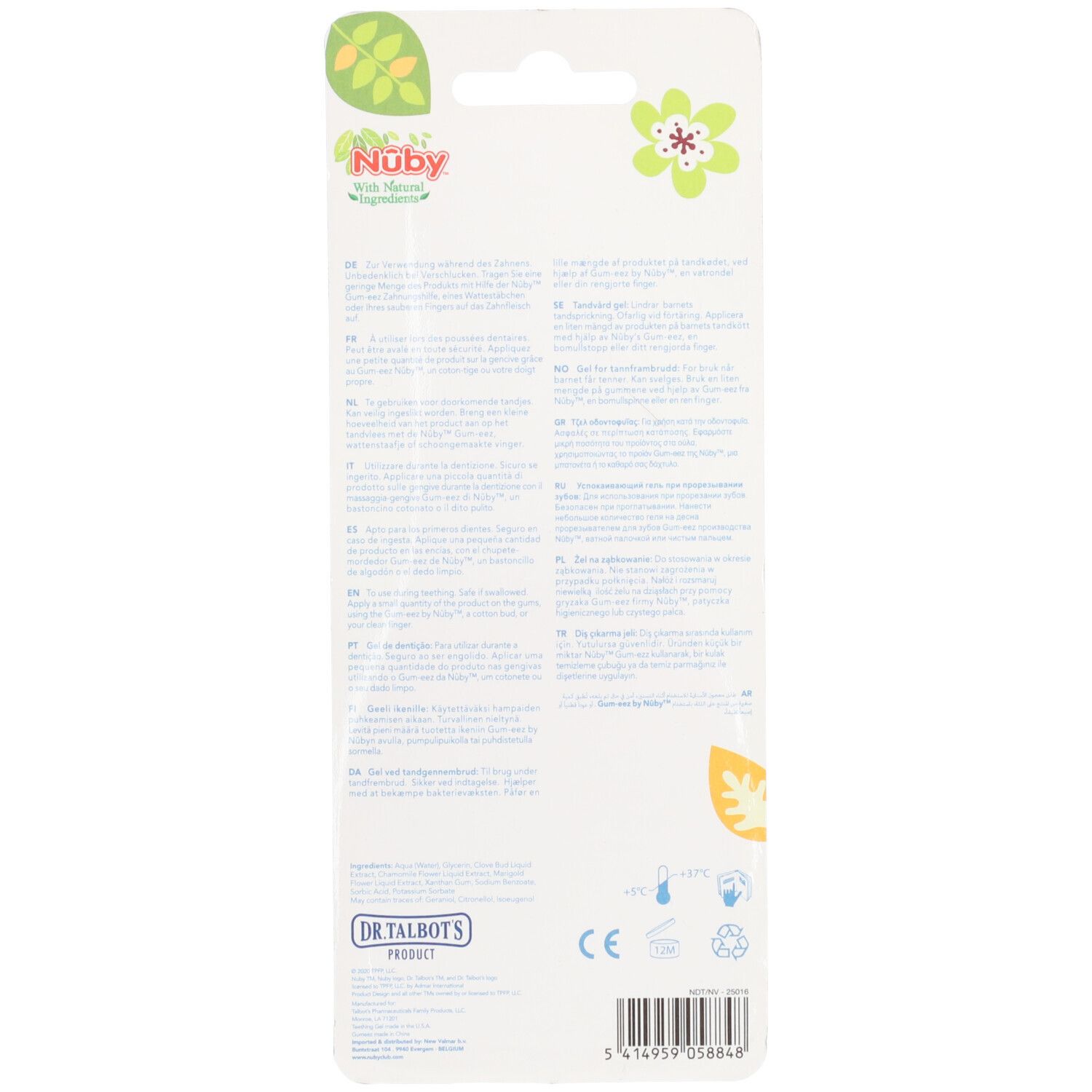 Rückseite der Blisterverpackung mit Produktinformationen. Marke Nûby. Text in mehreren Sprachen.