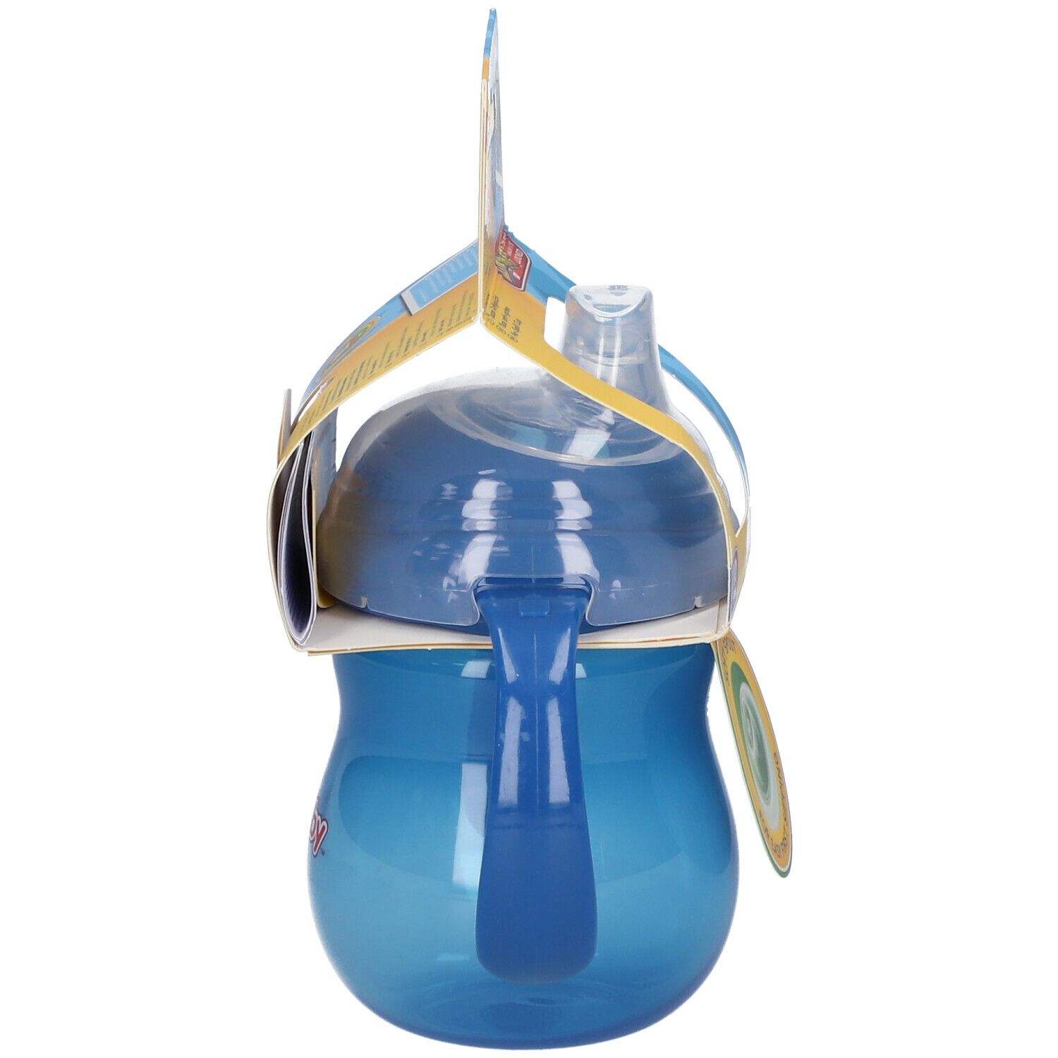 Vue latérale d'un gobelet bleu avec anse et bec. Emballage avec informations produit. La marque Nuby est visible.