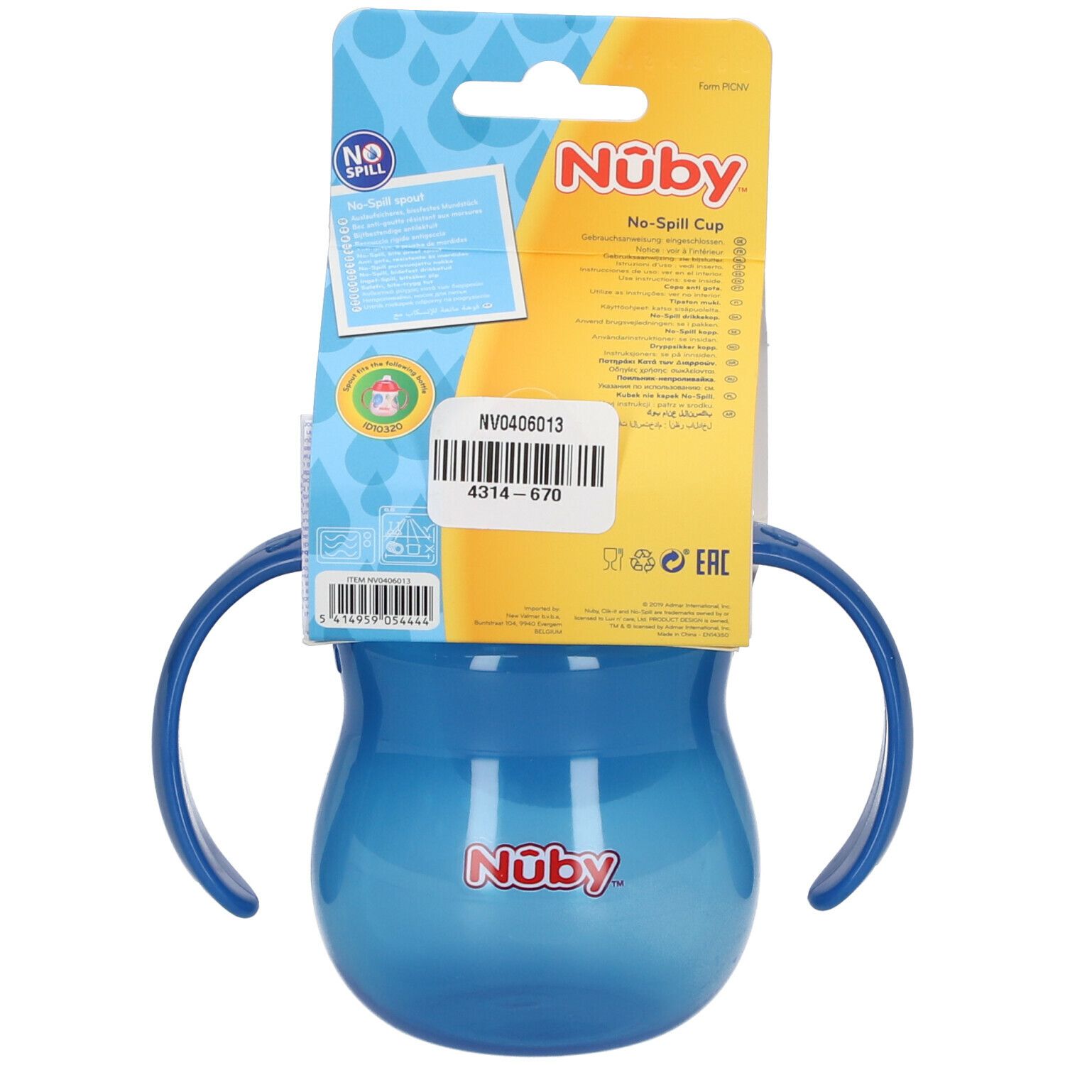 Gobelet bleu avec poignées. Emballage avec informations produit et marque Nuby. Impression avec code produit et certifications.