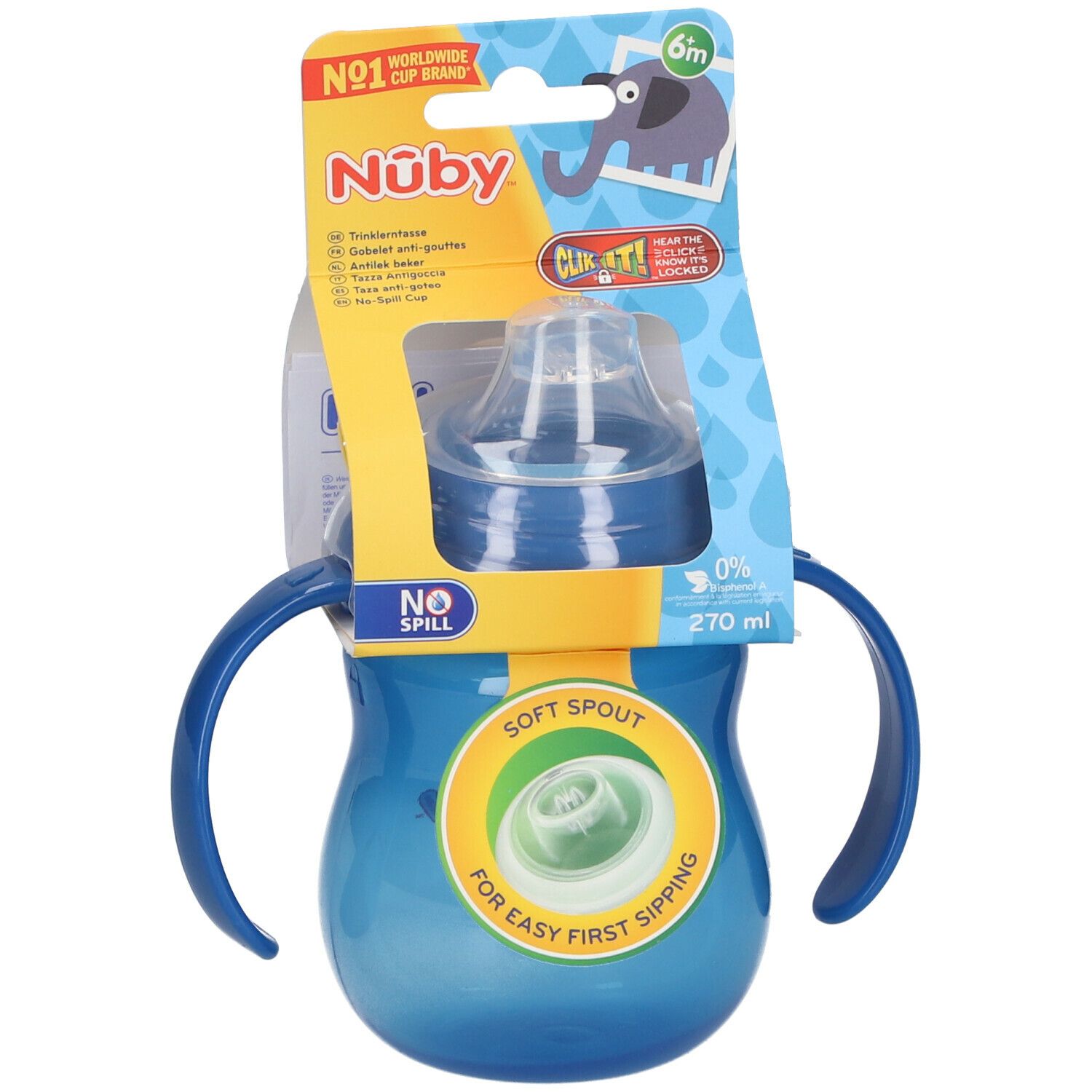 Gobelet bleu avec poignées et bec. Emballage avec informations produit et marque Nuby. "No Spill" et "Soft Spout" mis en évidence.