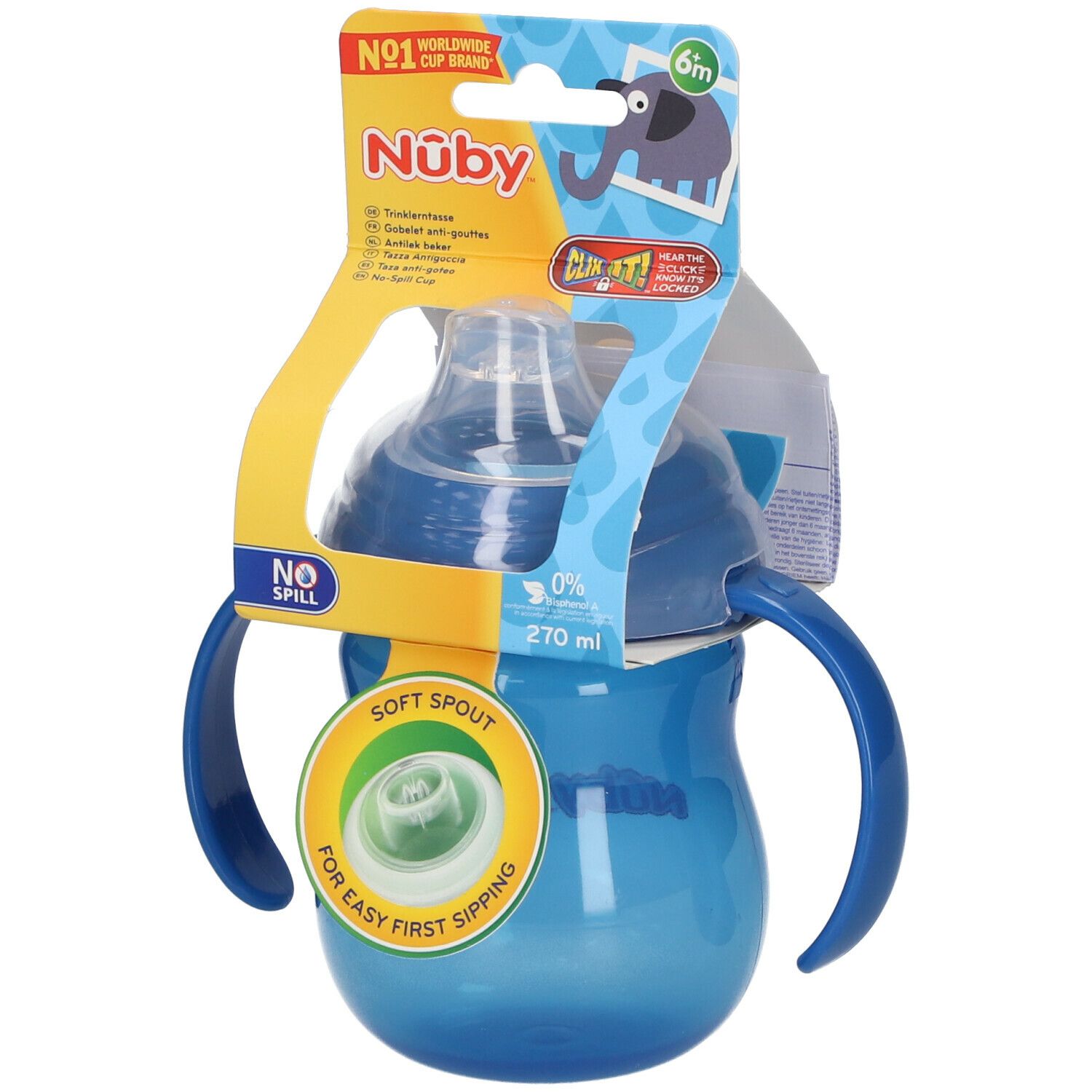 Gobelet bleu avec poignées et bec. Emballage avec informations produit et marque Nuby. "No Spill" et "Soft Spout" mis en évidence.