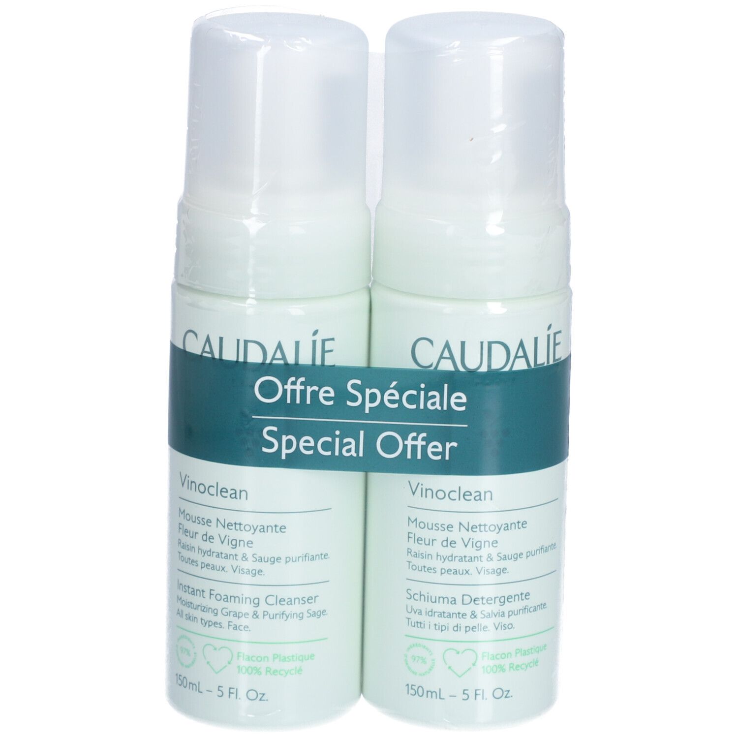 Zwei Caudalie Vinoclean Reinigungsschaum-Flaschen, verpackt. Aufschrift: Offre Spéciale, Special Offer. Flaschen mit weißem Deckel und grüner Schrift.