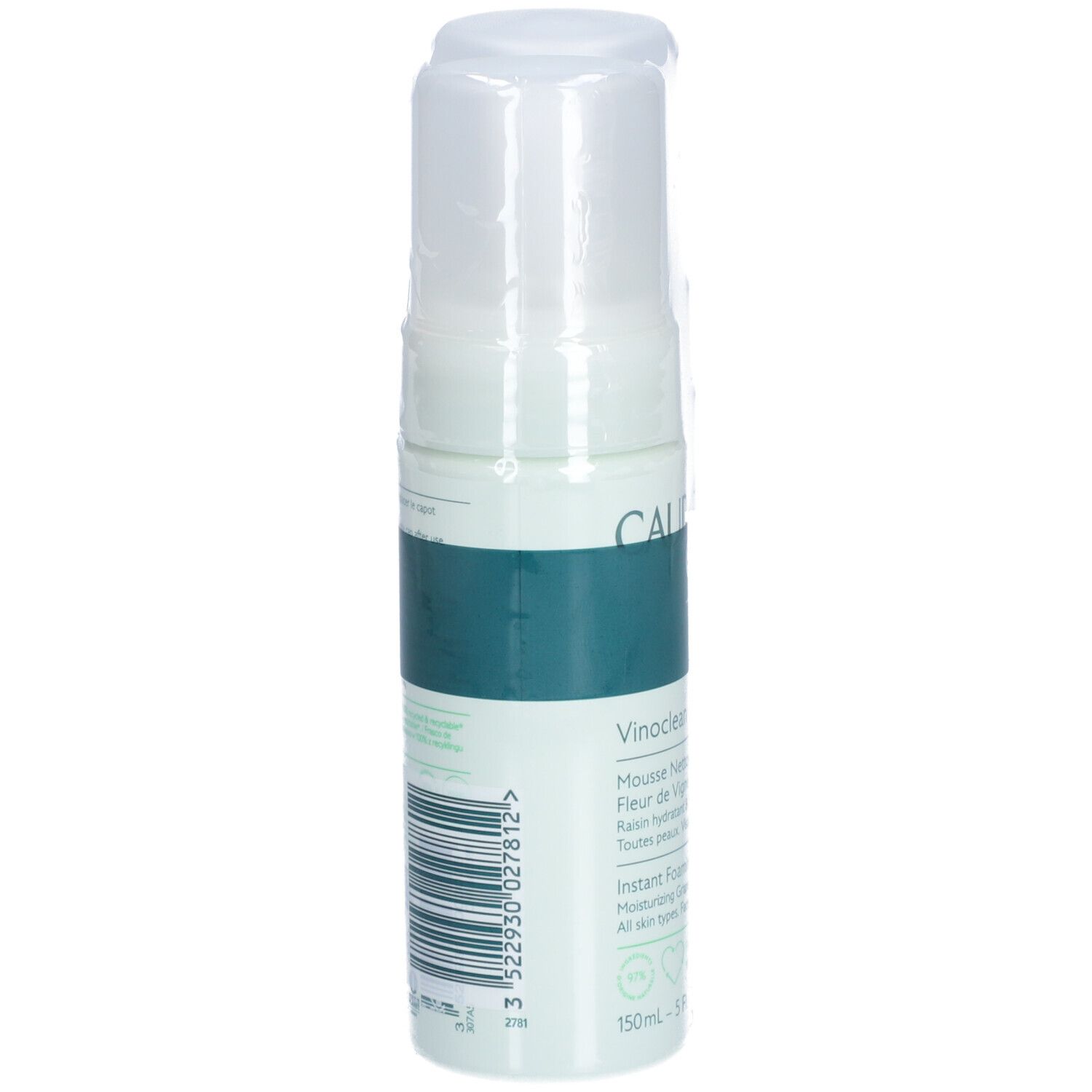 Eine Caudalie Vinoclean Flasche, verpackt. Aufschrift: Vinoclean, Mousse Nettoyante. Flasche mit weißem Deckel und grüner Schrift. Barcode auf der Rückseite.