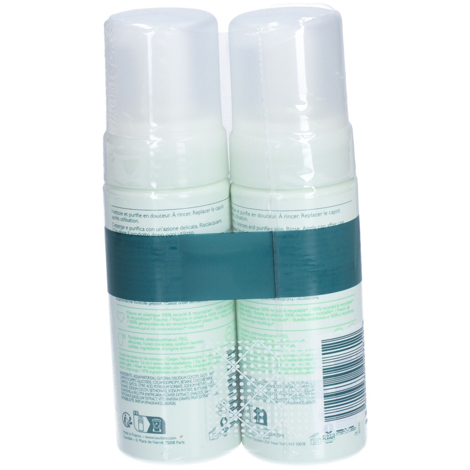 Zwei Caudalie Vinoclean Reinigungsschaum-Flaschen, verpackt. Aufschrift: Vinoclean. Flaschen mit weißem Deckel und grüner Schrift. Barcode auf der Rückseite.