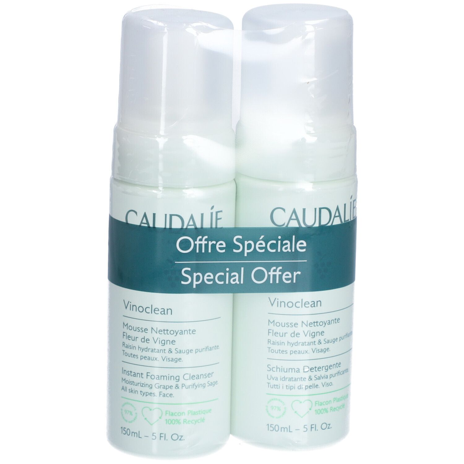 Zwei Caudalie Vinoclean Reinigungsschaum-Flaschen, verpackt. Aufschrift: Offre Spéciale, Special Offer. Flaschen mit weißem Deckel und grüner Schrift.