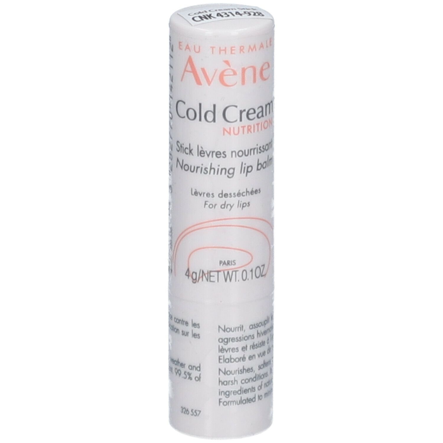 Witte lippenbalsem met rode tekst. Bevat "Avene Cold Cream Nutrition". Tekst: "Nourishing lip balm".