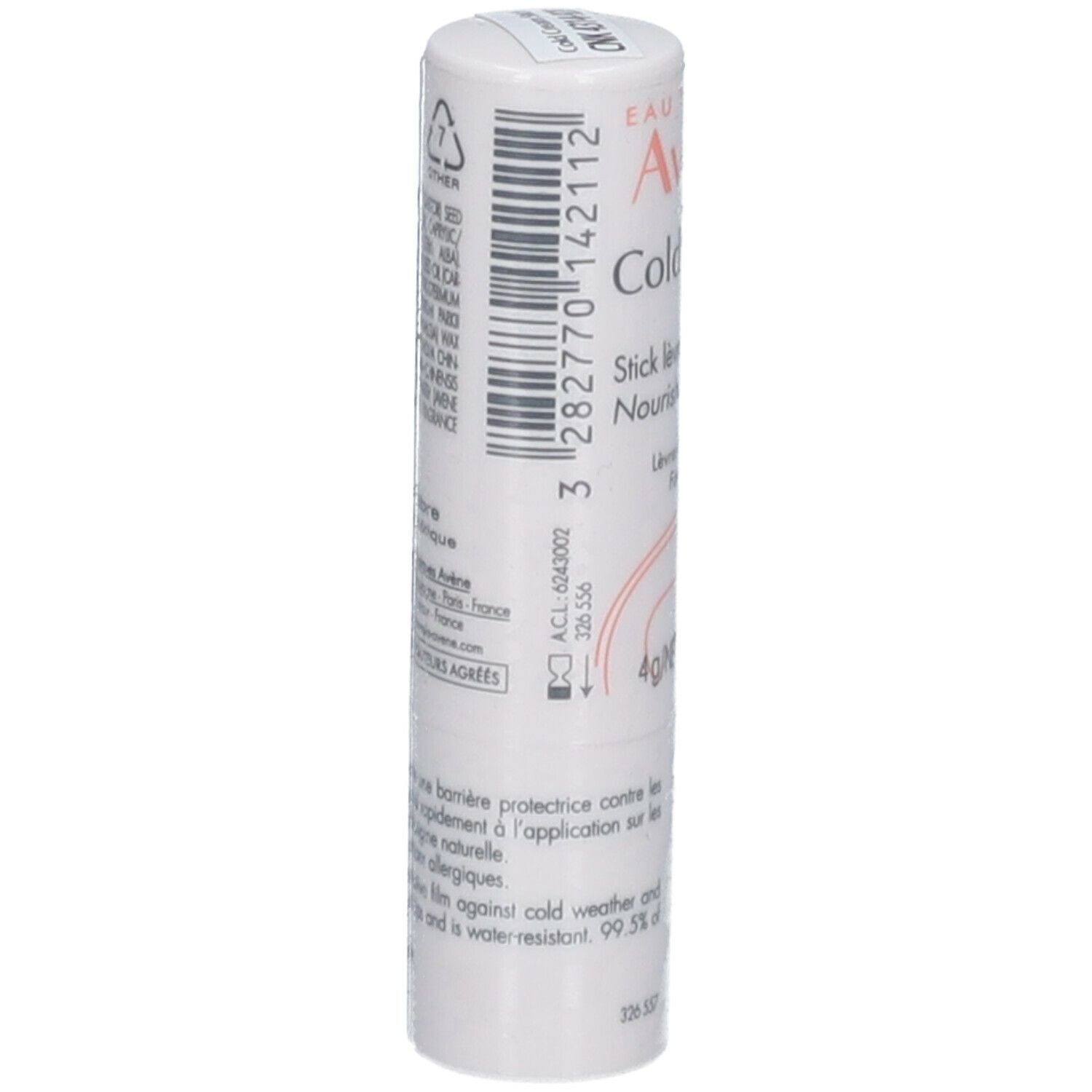 Witte lippenbalsem met barcode. Bevat "Avene Cold Cream Nutrition". Tekst: "Nourishing lip balm".