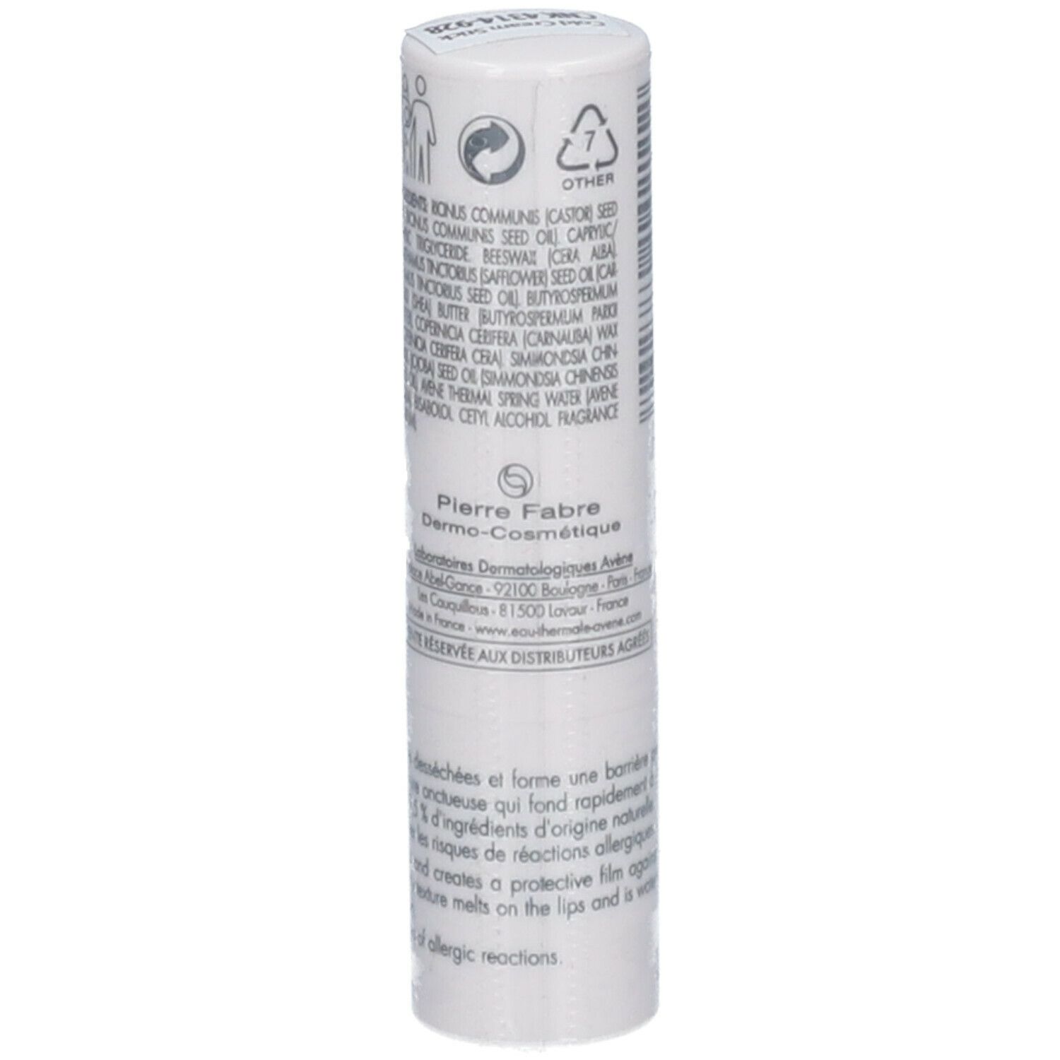 Witte lippenbalsem met ingrediënten. Bevat "Avene Cold Cream Nutrition". Tekst: "Nourishing lip balm".