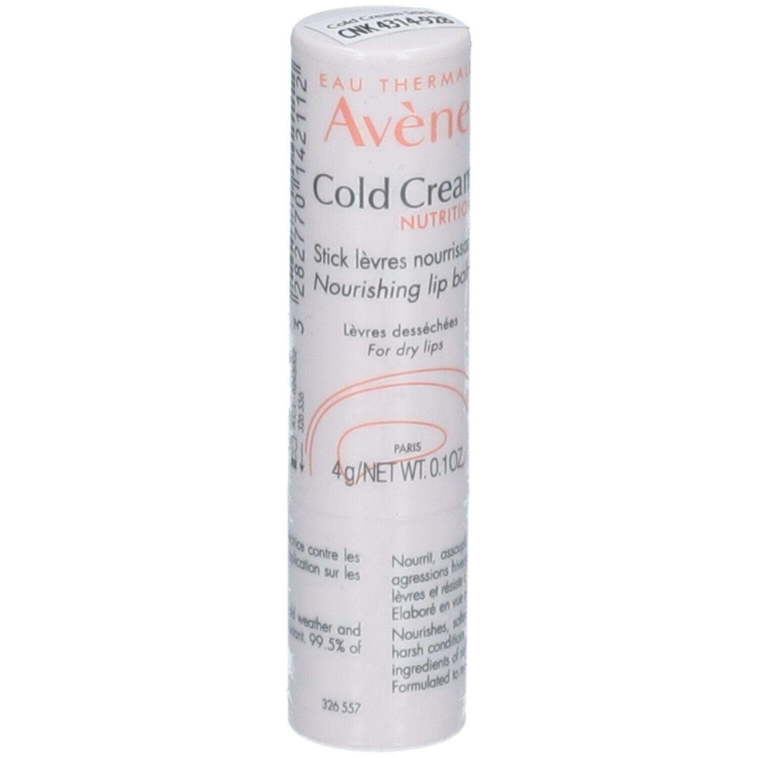 Witte lippenbalsem met rode tekst. Bevat "Avene Cold Cream Nutrition". Tekst: "Nourishing lip balm".