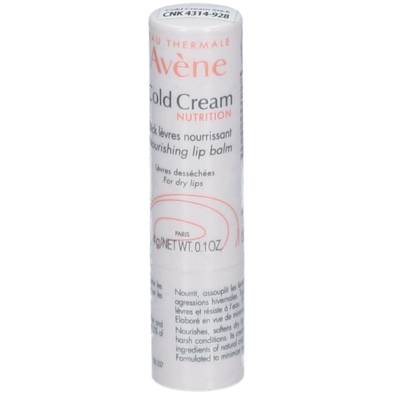Witte lippenbalsem met rode tekst. Bevat "Avene Cold Cream Nutrition". Tekst: "Nourishing lip balm".