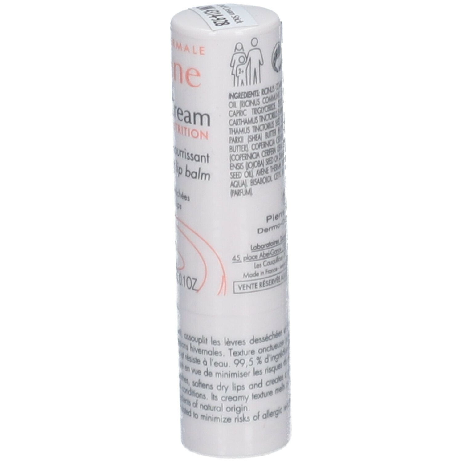 Witte lippenbalsem met ingrediënten. Bevat "Avene Cold Cream Nutrition". Tekst: "Nourishing lip balm".