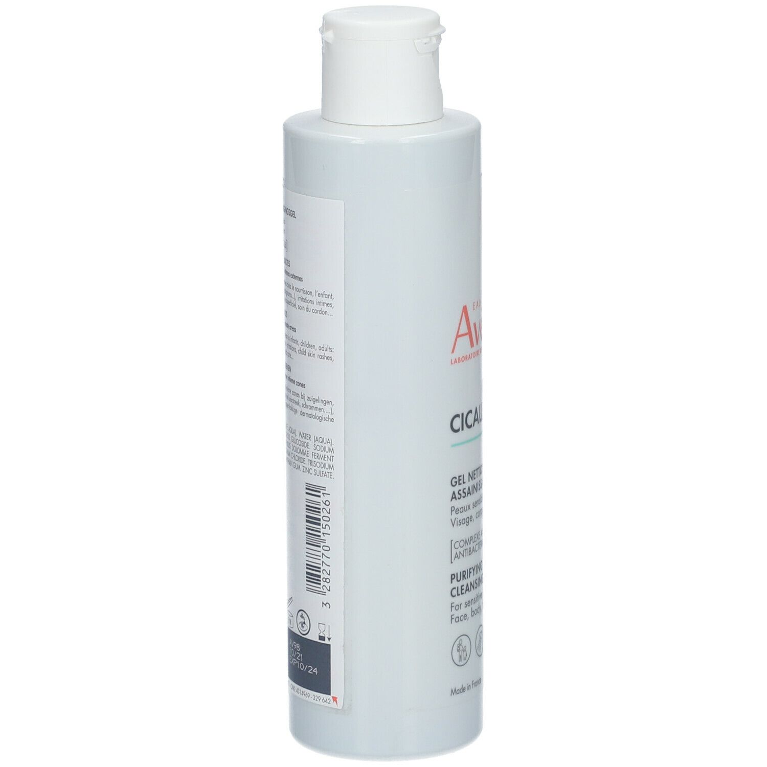 Fles met etiket. Tekst: Avène CICALFATE+ Reinigingsgel. Ingrediënten, fabrikantinfo en barcode.