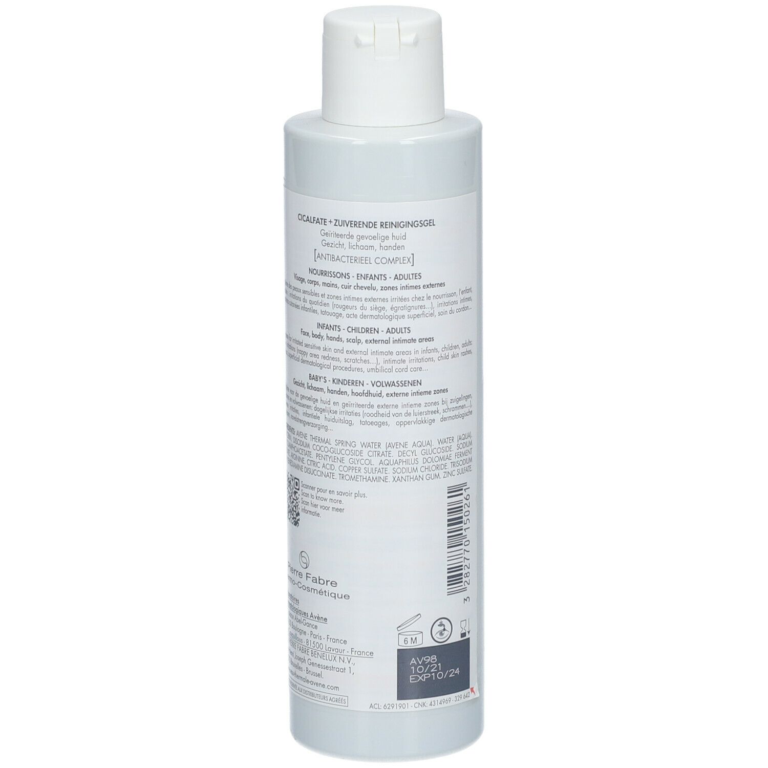 Achterkant van de fles. Tekst: Avène CICALFATE+ Reinigingsgel. Ingrediënten, gebruiksaanwijzing, fabrikantinfo.
