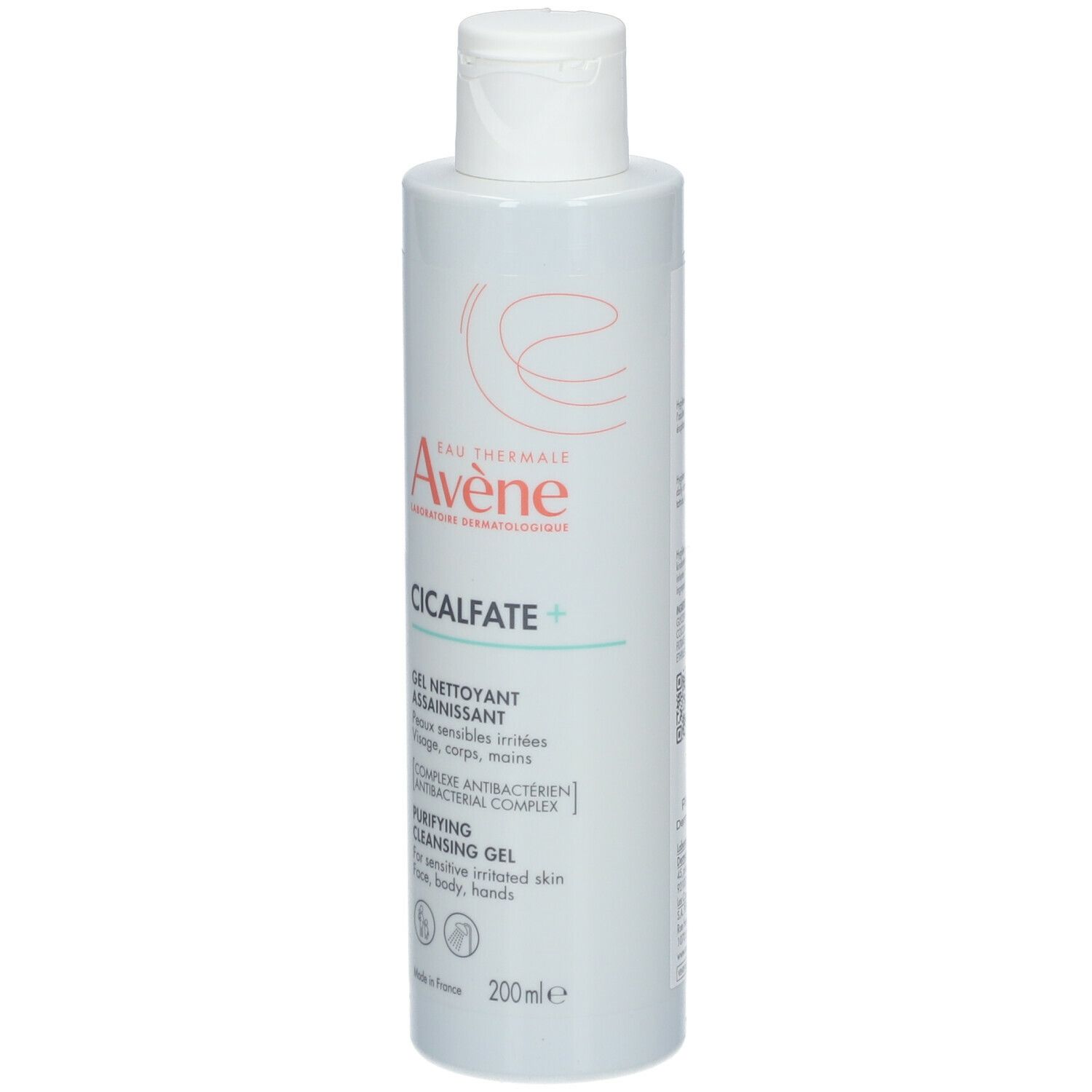 Witte fles met etiket. Opschrift: Avène CICALFATE+ Reinigingsgel. Voor gevoelige, geïrriteerde huid. 200ml.