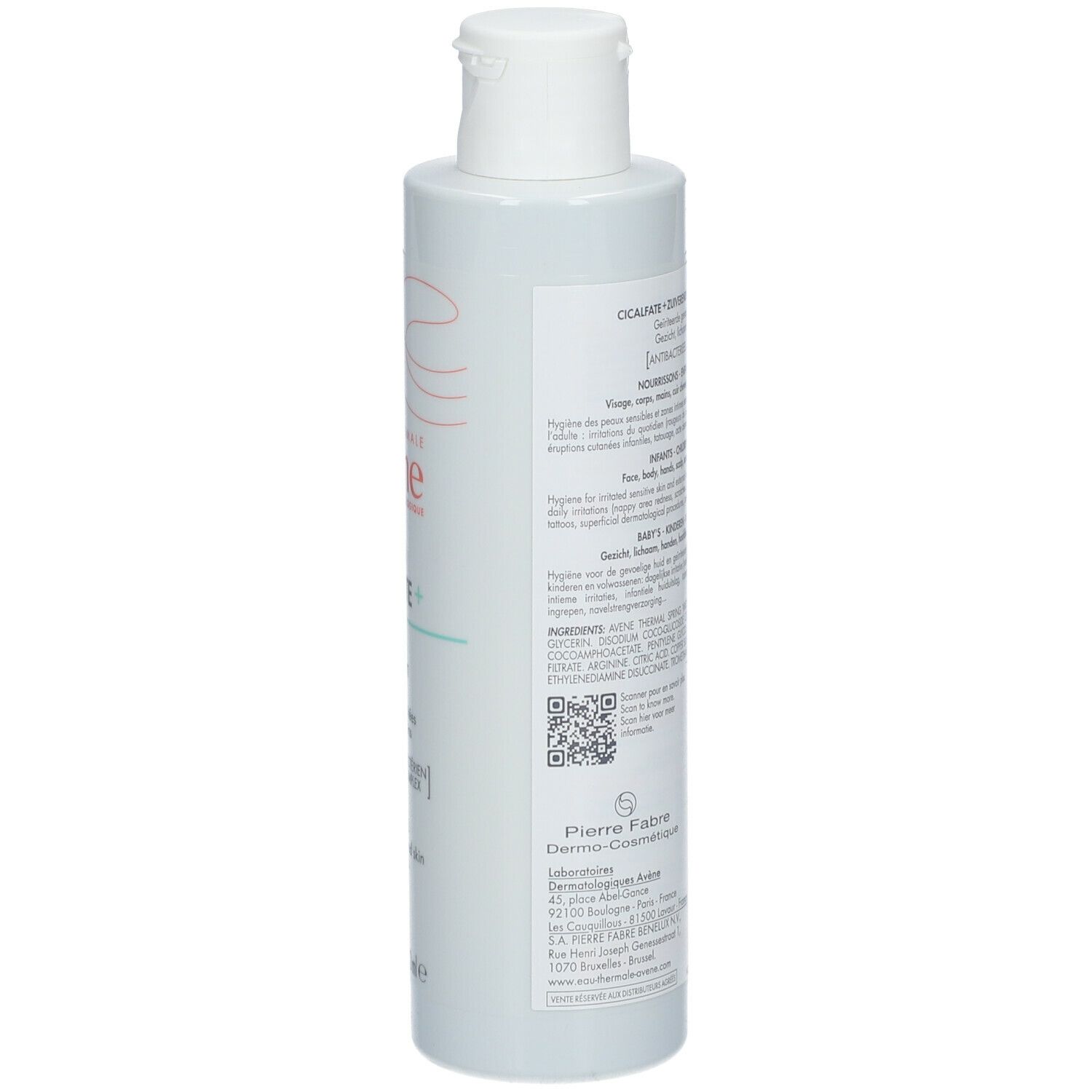 Achterkant van de fles. Tekst: Avène CICALFATE+ Reinigingsgel. Ingrediënten, gebruiksaanwijzing, fabrikantinfo.