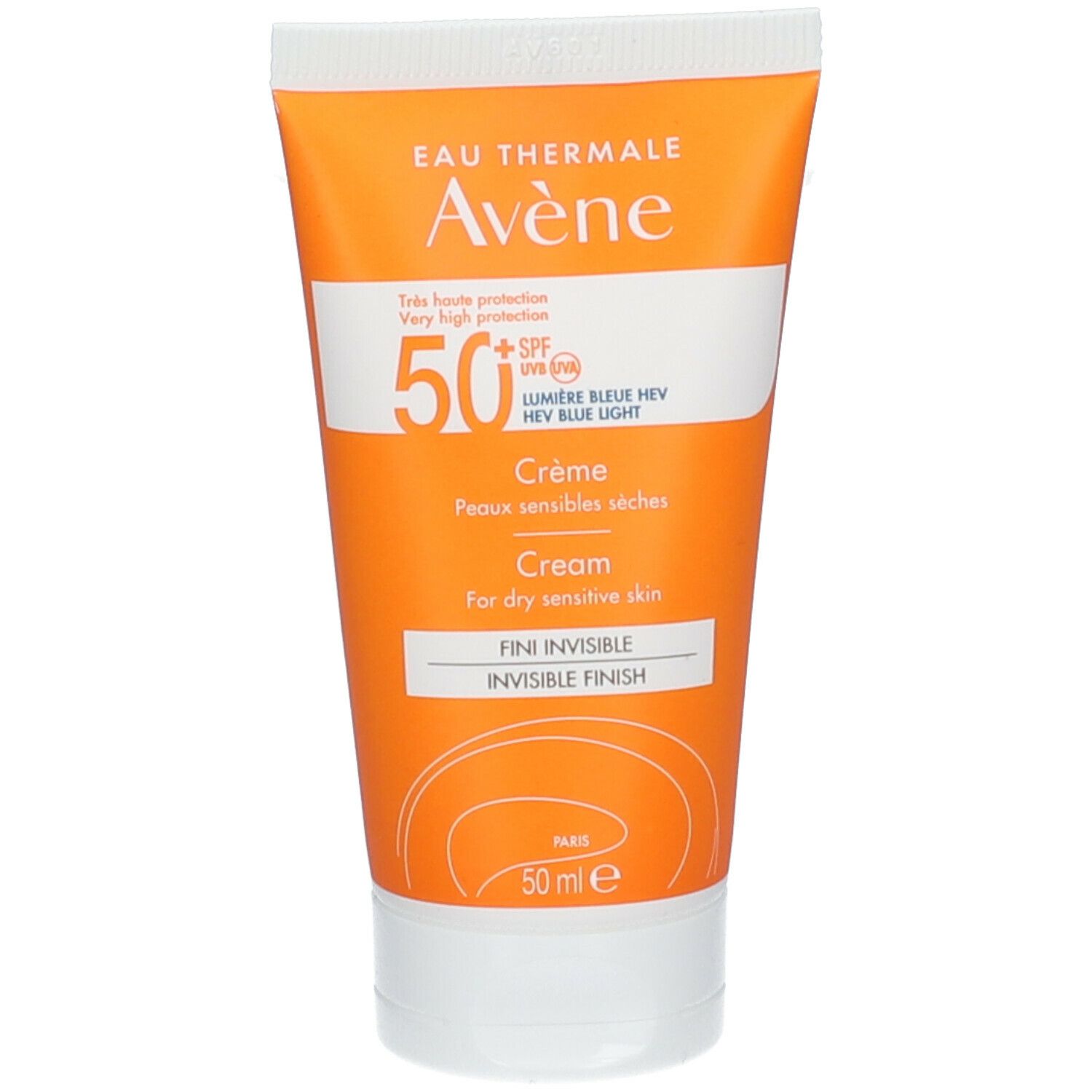 Oranje tube Avène zonnecrème SPF 50+. Tekst: Crème, droge gevoelige huid, onzichtbare finish. 50 ml.