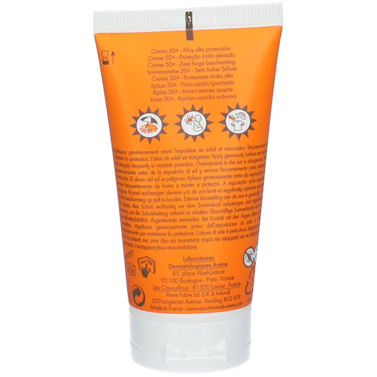 Achterkant van een zonnecrèmetube. Tekst: Avène, SPF 50+, gebruiksaanwijzing, ingrediënten, laboratoriumadres.