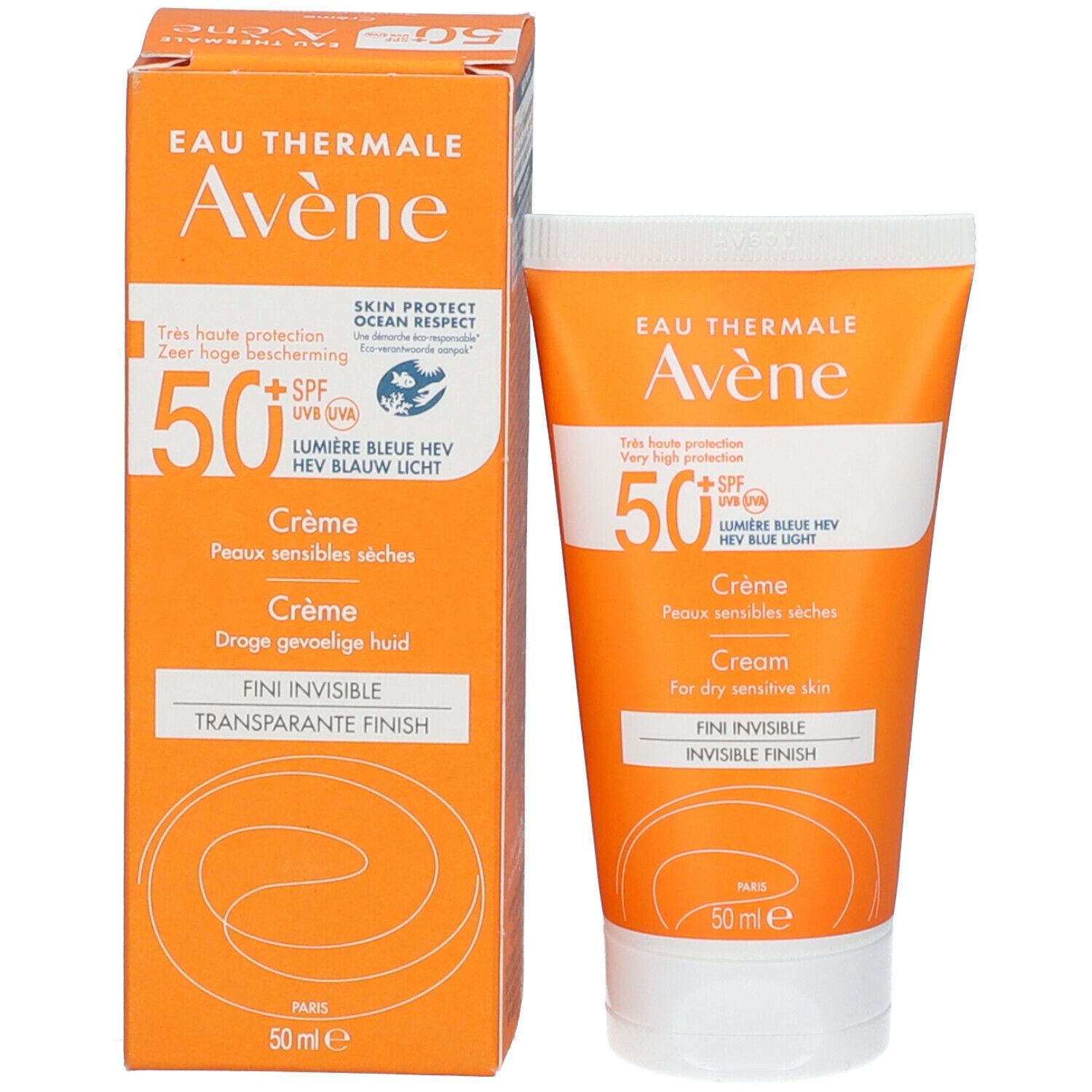 Zonnecrèmetube en doos. Tekst: Avène, SPF 50+, Crème, droge gevoelige huid, transparante finish.