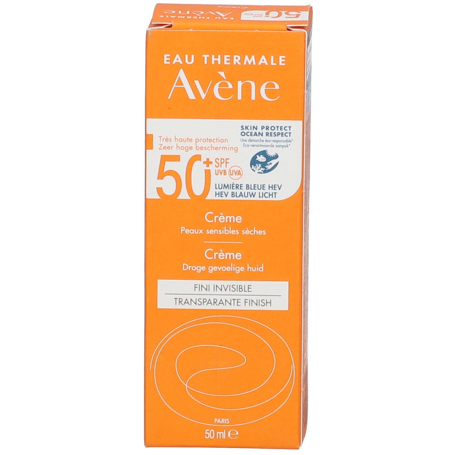 Oranje doos zonnecrème. Tekst: Avène, SPF 50+, Crème, droge gevoelige huid, transparante finish.