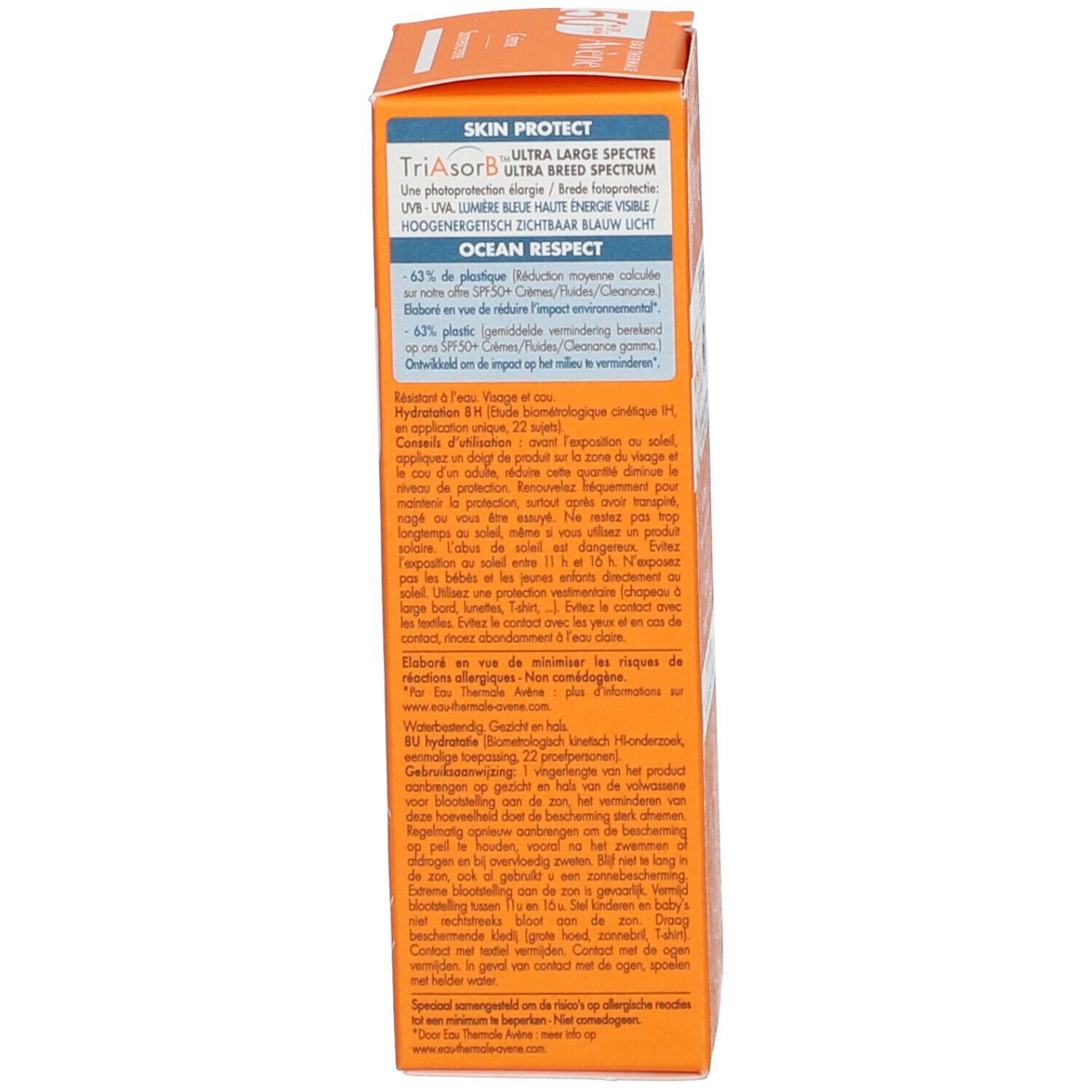 Achterkant van de zonnecrèmedoos. Tekst: Avène, SPF 50+, gebruiksaanwijzing, ingrediënten, Ocean Respect.