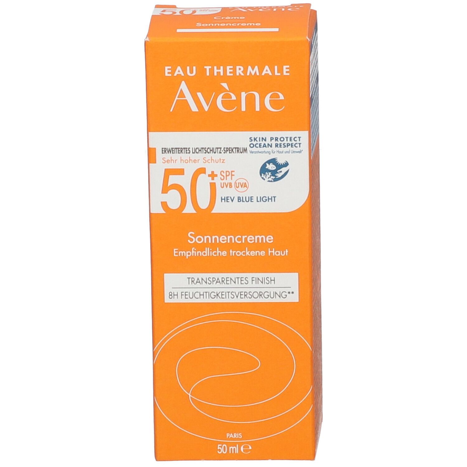 Zonnecrèmedoos. Tekst: Avène, SPF 50+, zonnecrème, gevoelige droge huid, transparante finish.