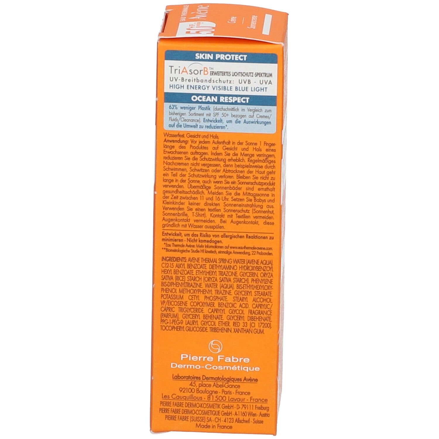 Achterkant van de zonnecrèmedoos. Tekst: Avène, SPF 50+, gebruiksaanwijzing, ingrediënten, Ocean Respect.