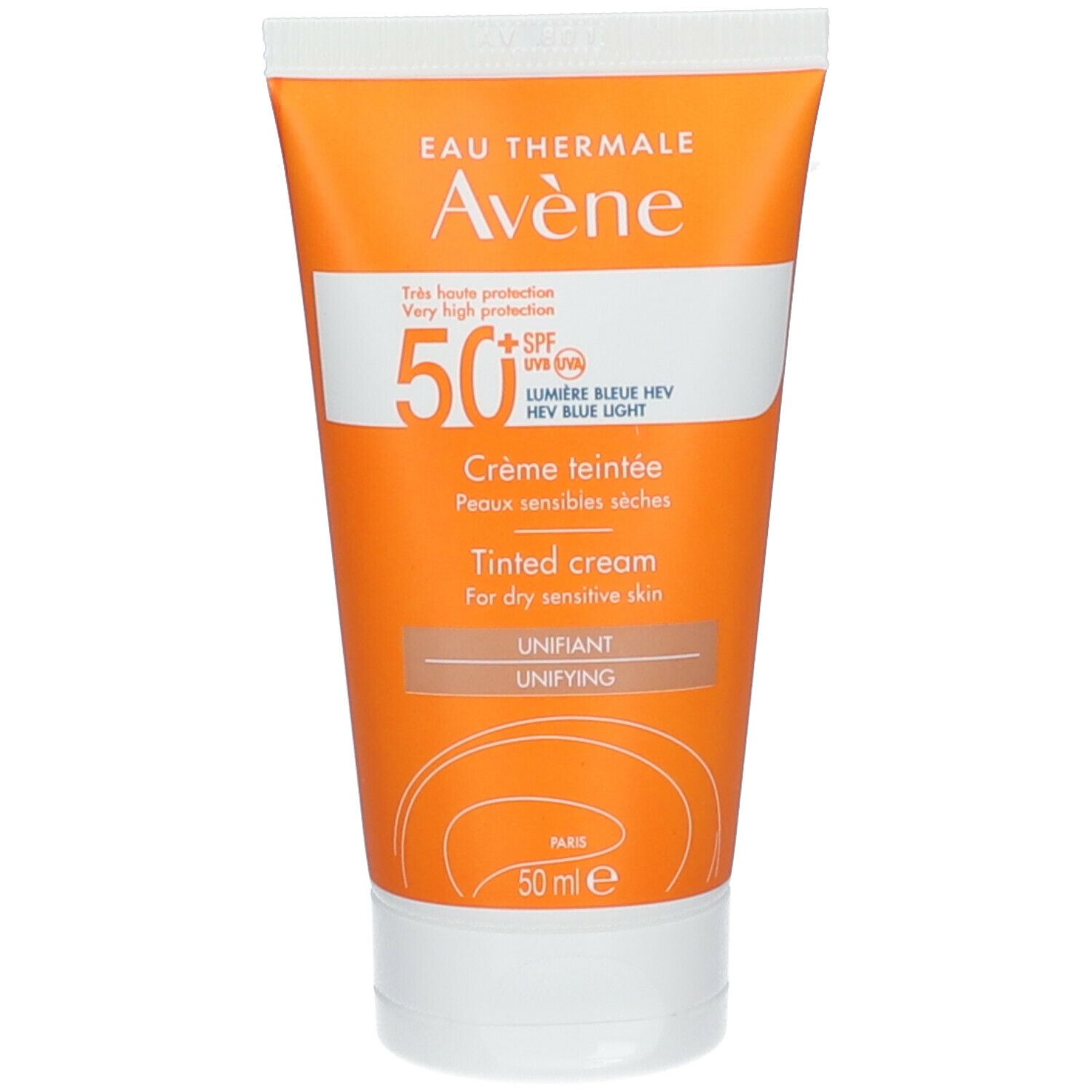 Oranje-witte zonnecrèmetube. Tekst: Eau Thermale Avène, 50+ SPF, Crème teintée, Peaux sensibles sèches, 50 ml.