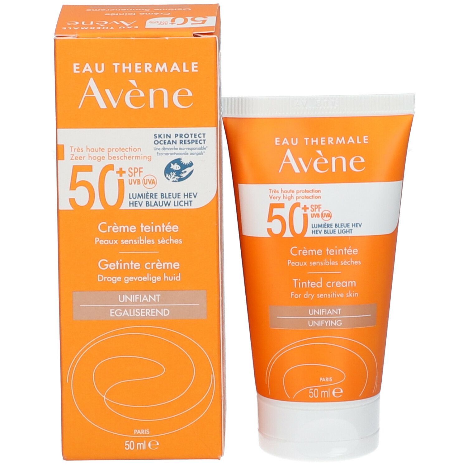 Zonnecrèmetube en verpakking. Oranje en wit. Tekst: Eau Thermale Avène, 50+ SPF, Crème teintée, 50 ml.