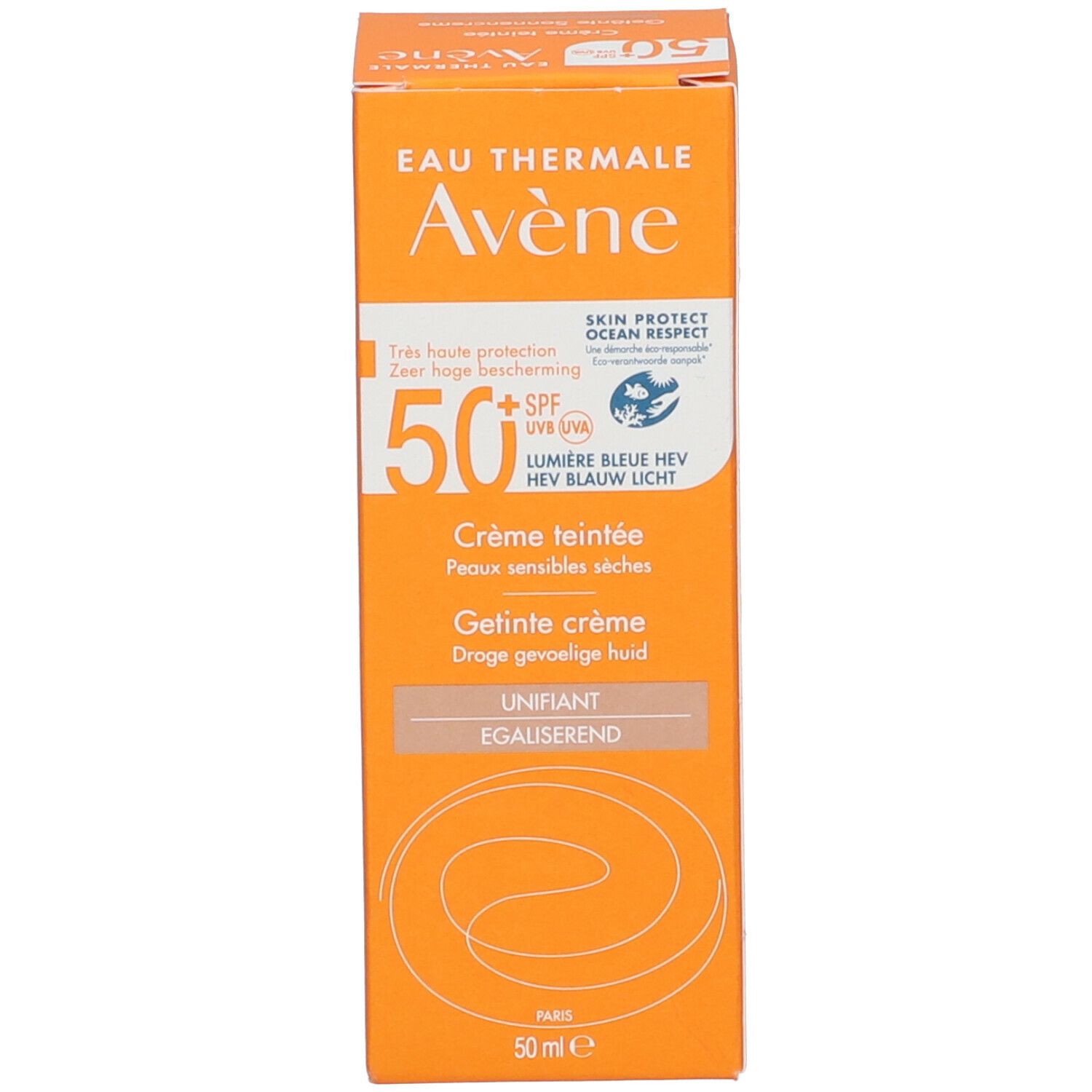 Verpakking van zonnecrème. Oranje. Tekst: Eau Thermale Avène, 50+ SPF, Crème teintée, 50 ml.