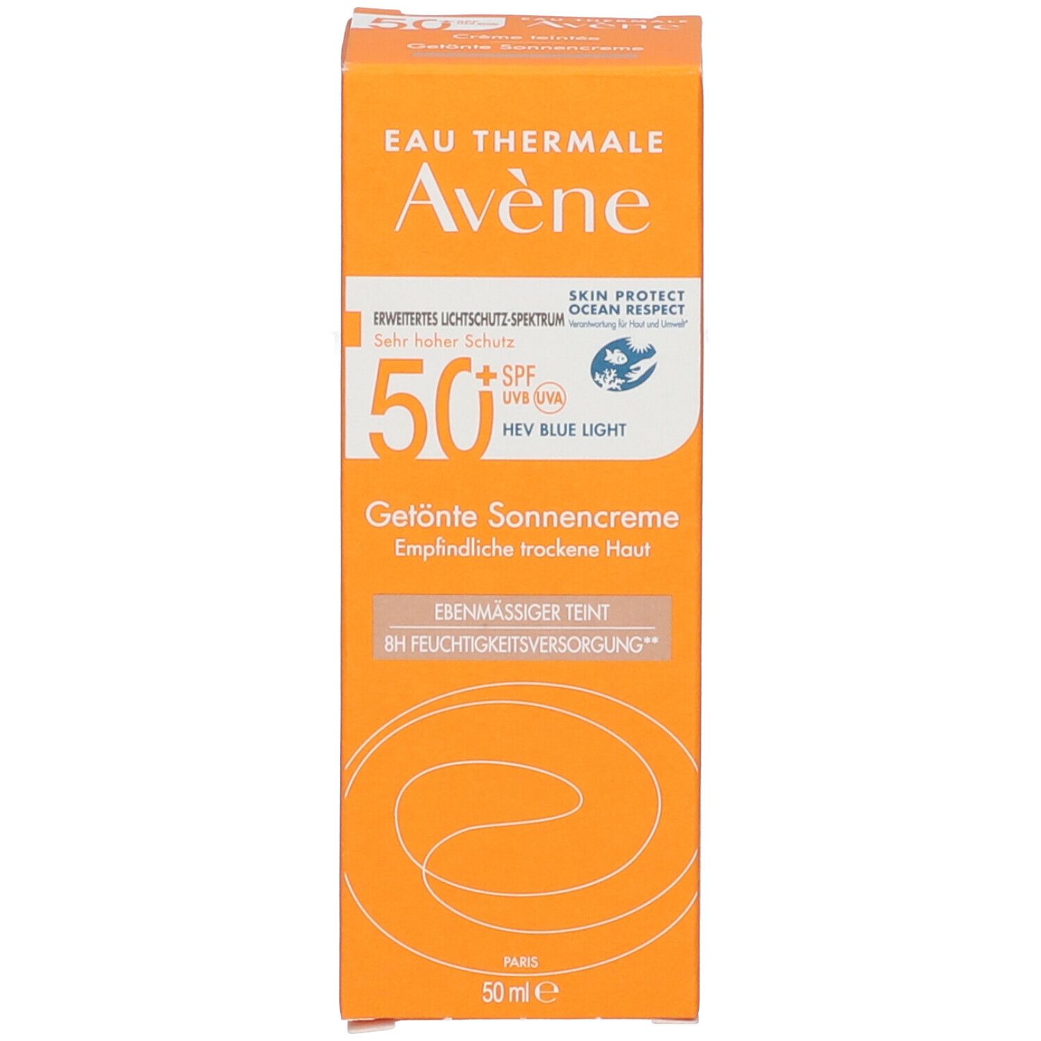 Zonnecrèmeverpakking. Oranje. Tekst: Eau Thermale Avène, 50+ SPF, Getinte zonnecrème, 50 ml.