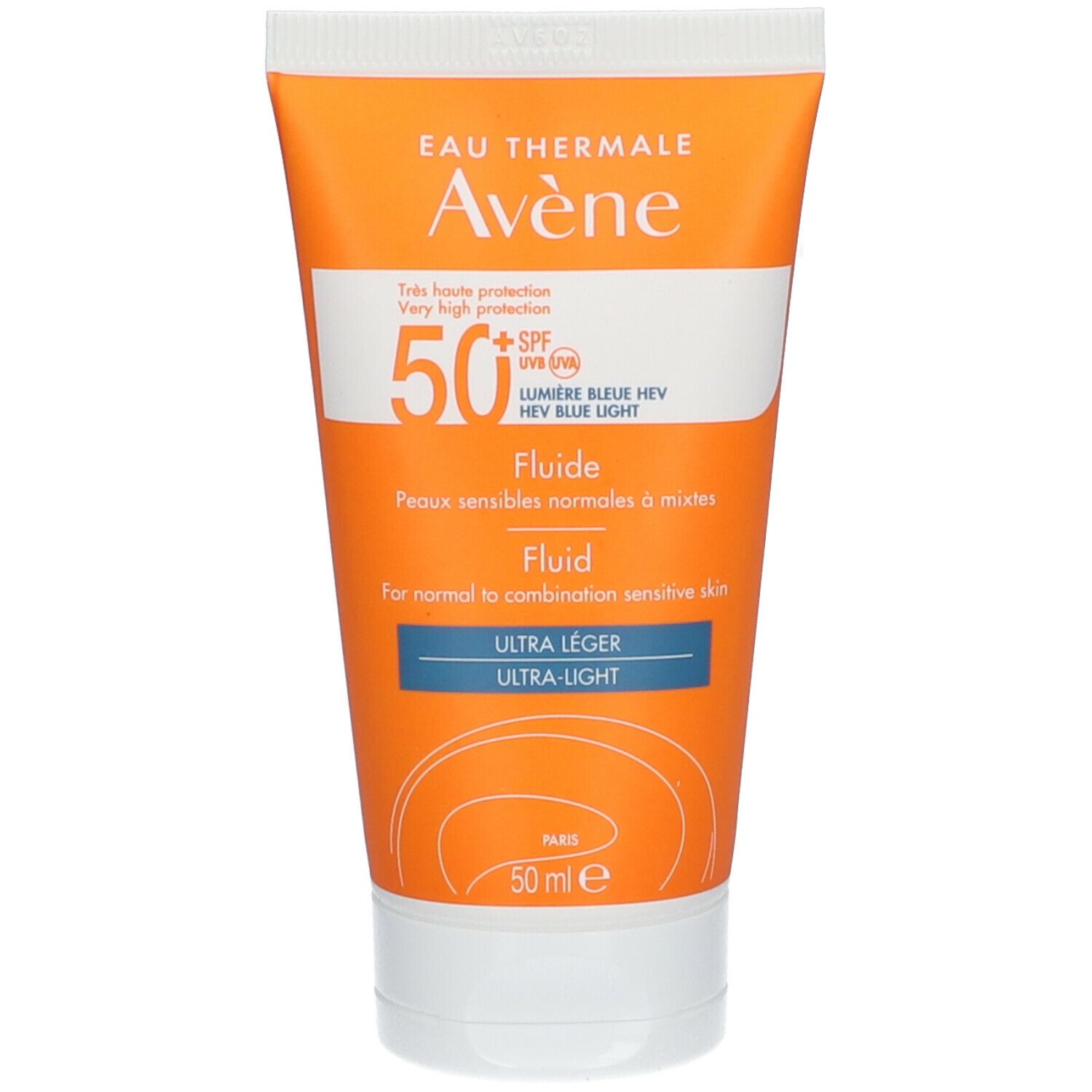 Avène Sonnenschutz-Fluid SPF 50 tube. Oranje-wit. Tekst: Fluid, 50 SPF, Ultra-Light. 50 ml.