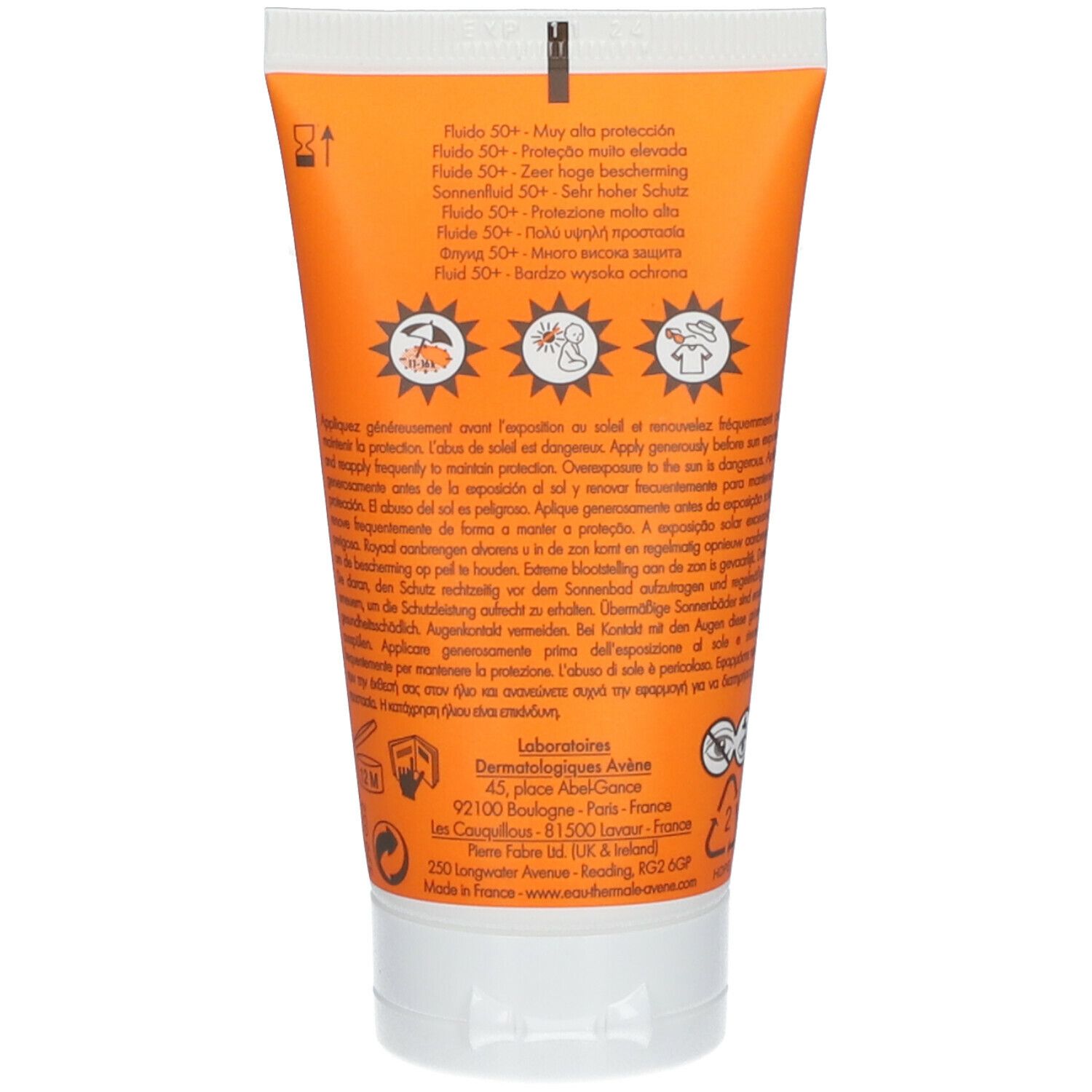Achterkant van de Avène Fluid tube. Meertalige tekst. Waarschuwingen en gebruiksaanwijzing.