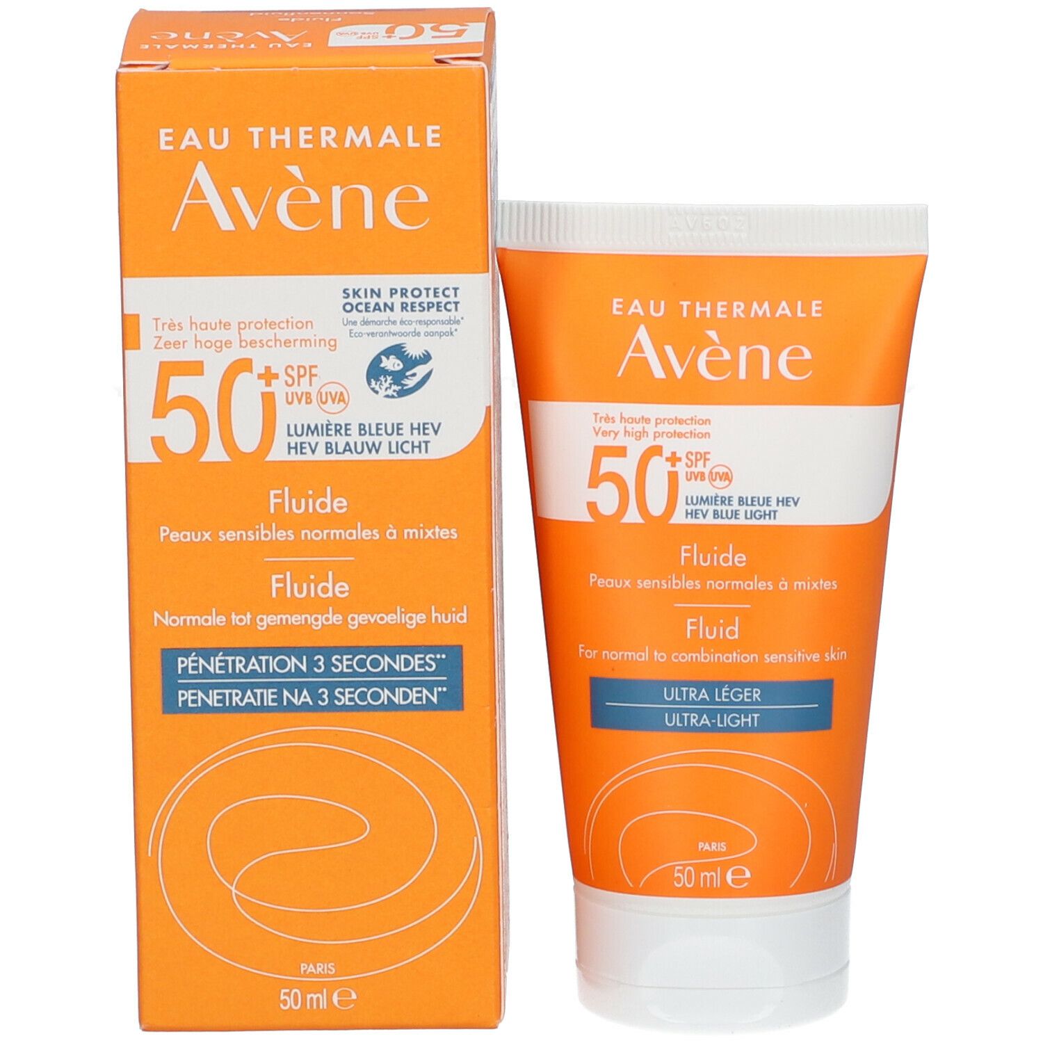 Avène Fluid SPF 50 en verpakking. Oranje-wit. Tekst: Fluid, 50 SPF, Ultra-Light. 50 ml. Skin Protect.