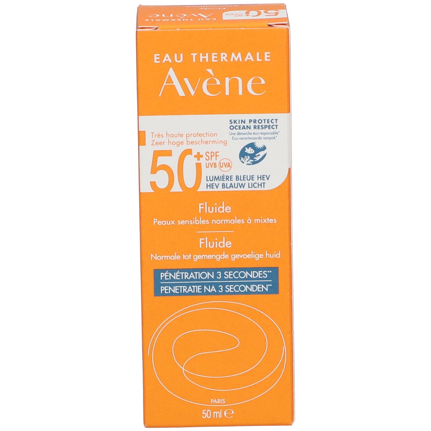 Avène Fluid SPF 50 verpakking. Oranje. Tekst: Fluid, 50 SPF, Ultra-Light. 50 ml. Skin Protect.