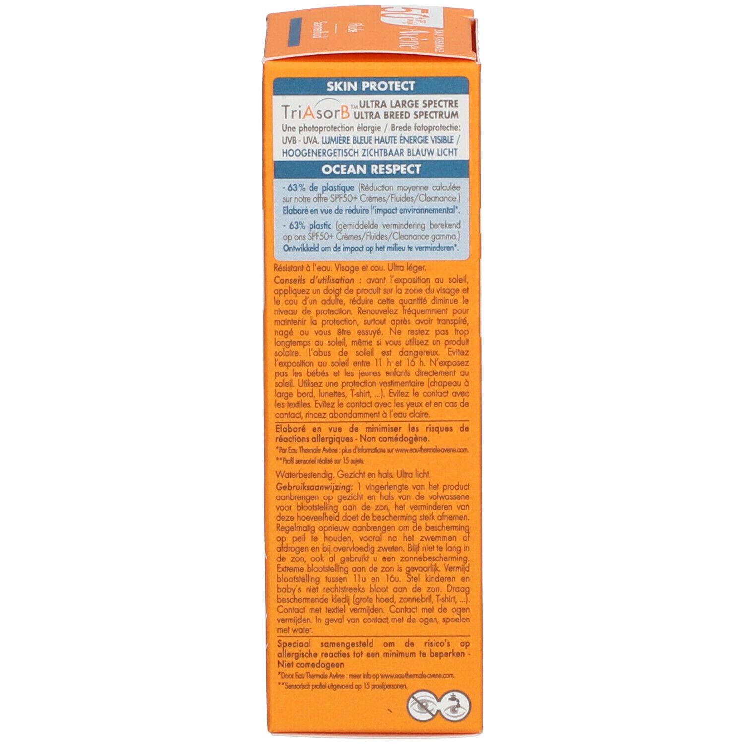 Achterkant van de Avène Fluid verpakking. Meertalige tekst. Ingrediënten, waarschuwingen, Ocean Respect.