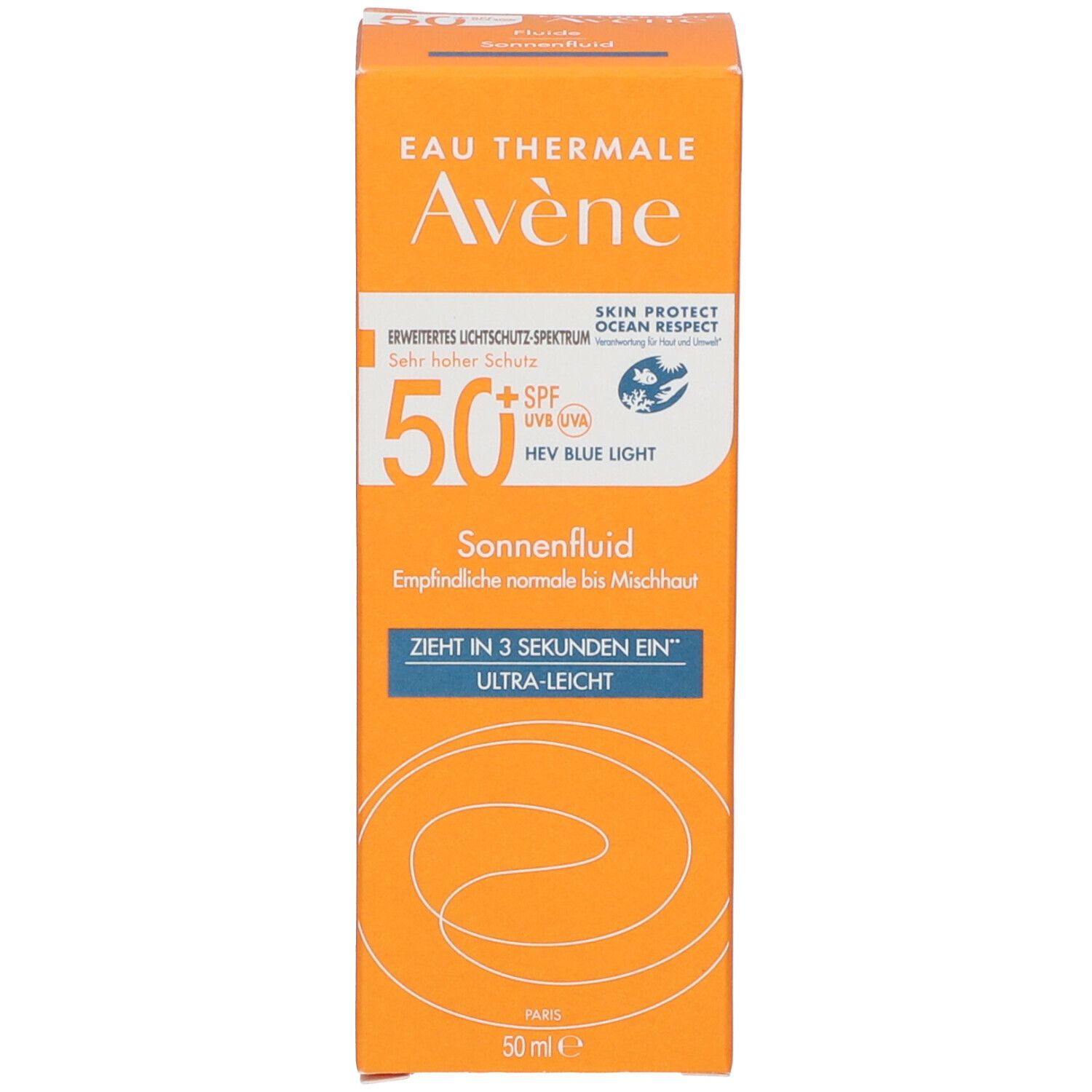Avène Sonnenfluid verpakking. Oranje. Tekst: 50 SPF, Trekt in 3 seconden in. Ultra-Light. 50 ml. Skin Protect.