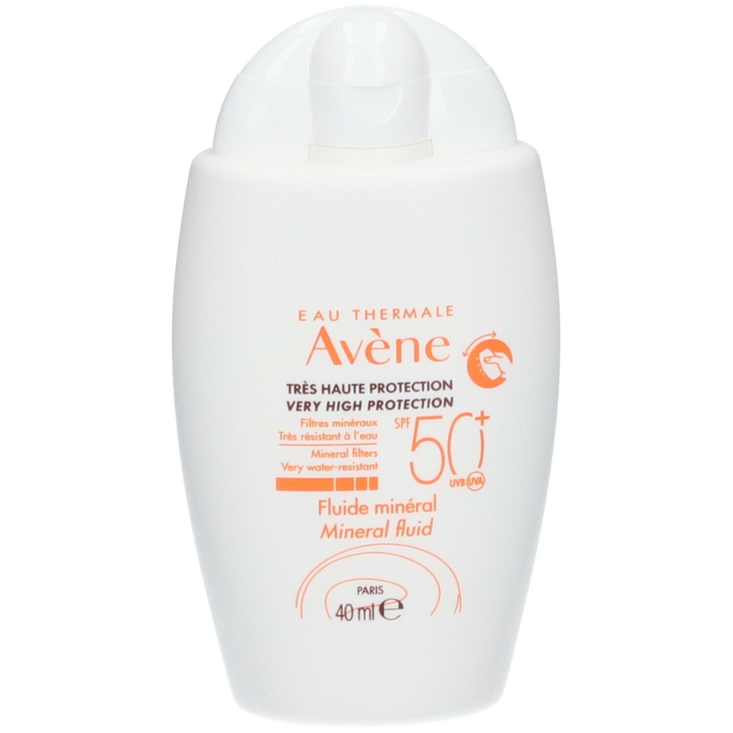 Witte fles met klapdeksel. Opschrift: Eau Thermale Avène, SPF 50+, Mineral Fluid. 40 ml.