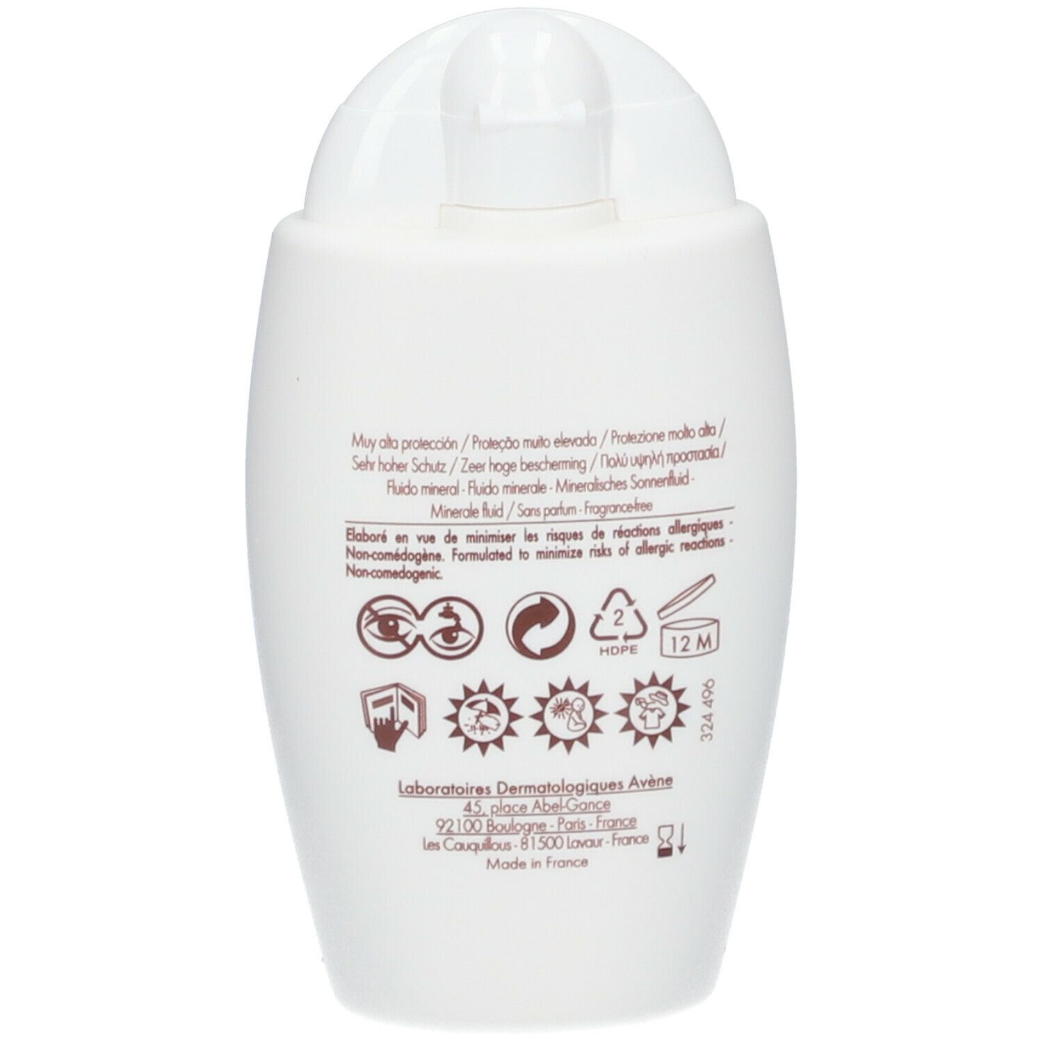 Achterkant van een witte fles met klapdeksel. Bedrukking met informatie, symbolen en adres van de fabrikant.
