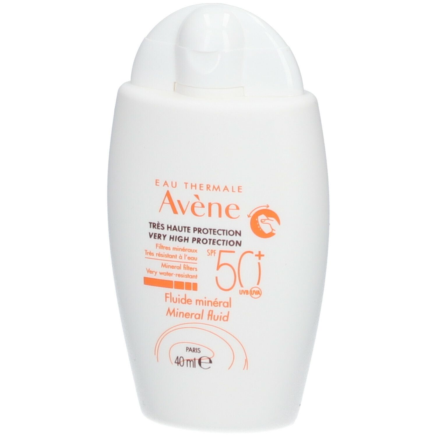 Witte fles met klapdeksel. Opschrift: Eau Thermale Avène, SPF 50+, Mineral Fluid. 40 ml.