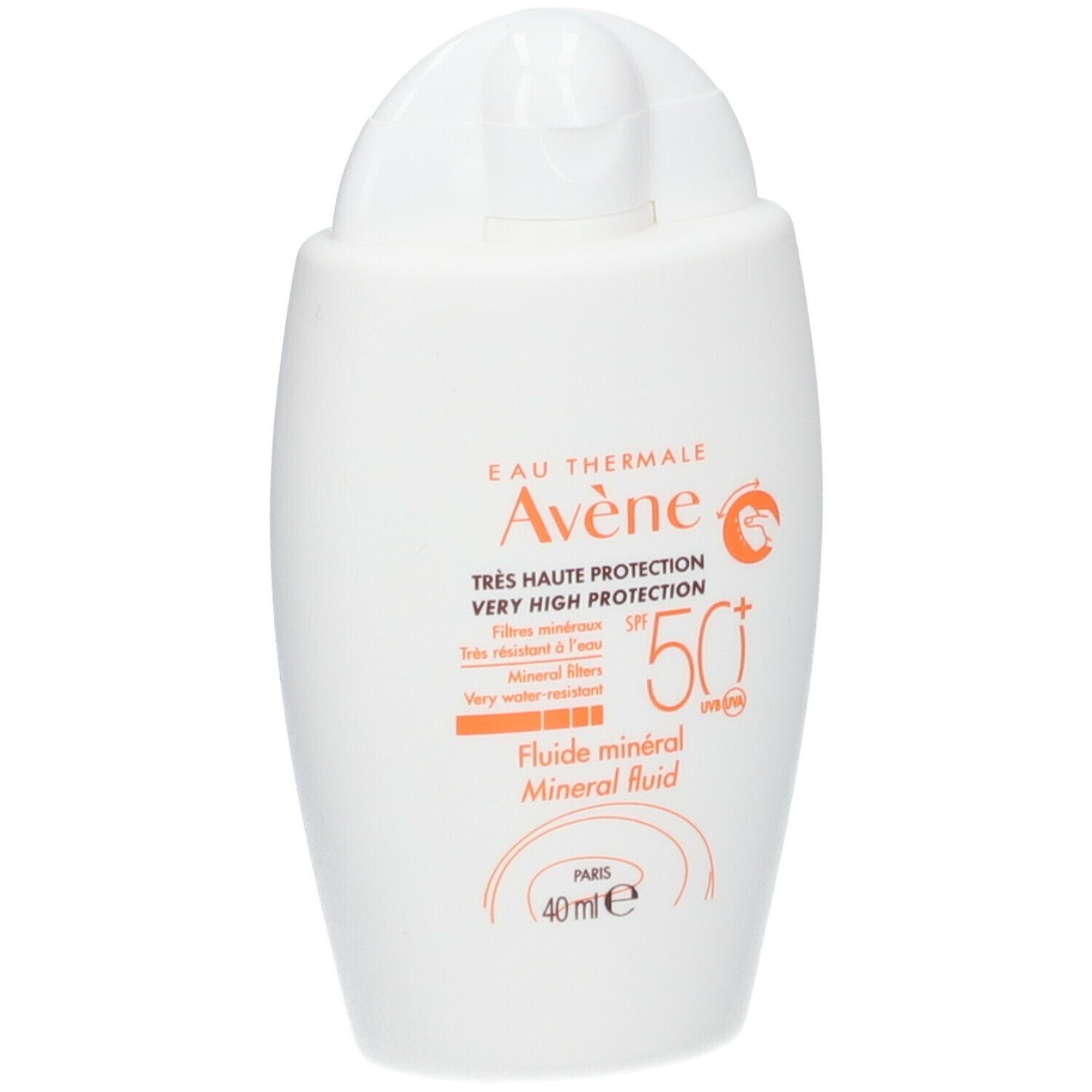 Witte fles met klapdeksel. Opschrift: Eau Thermale Avène, SPF 50+, Mineral Fluid. 40 ml.