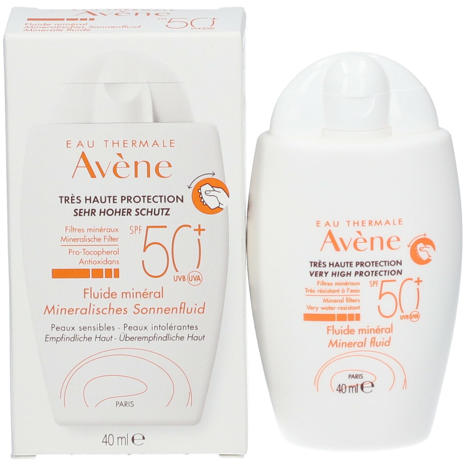 Productverpakking met fles. Opschrift: Eau Thermale Avène, SPF 50+, Minerale zonnebrand, 40 ml.