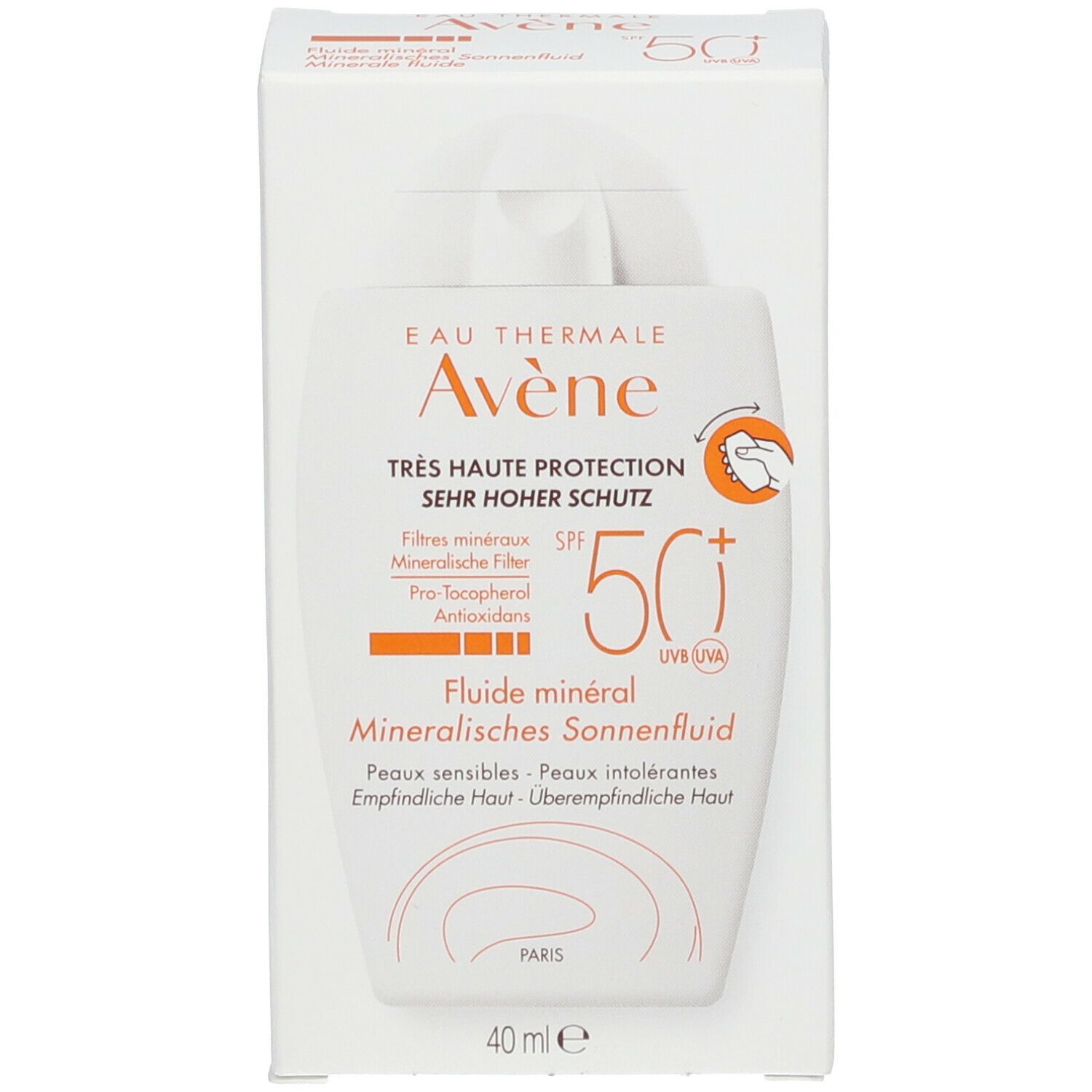 Productverpakking met fles. Opschrift: Eau Thermale Avène, SPF 50+, Minerale zonnebrand, 40 ml.