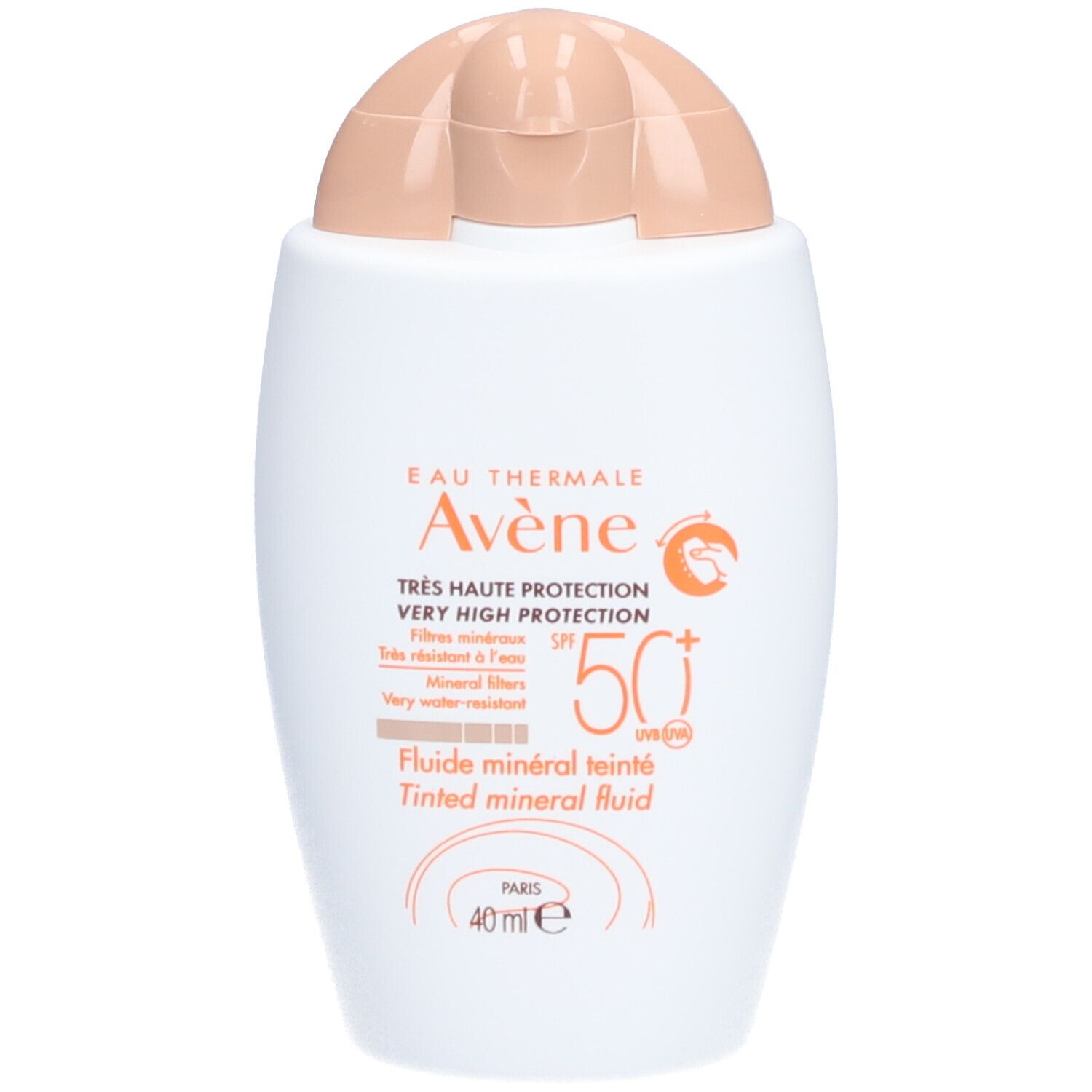 Witte fles met beige dop. Opschrift: Eau Thermale Avène, Très Haute Protection SPF 50+. Getinte minerale vloeistof.