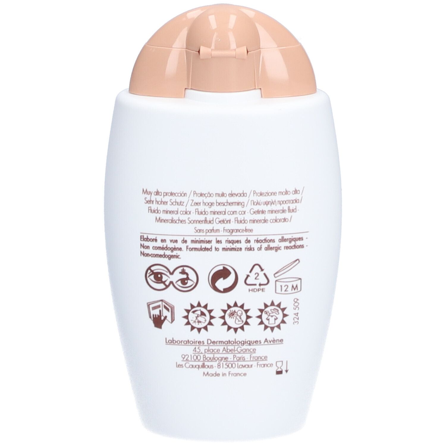 Achterkant van de witte fles. Meertalige teksten. Logo's en symbolen. Gemaakt in Frankrijk. 12M-symbool.
