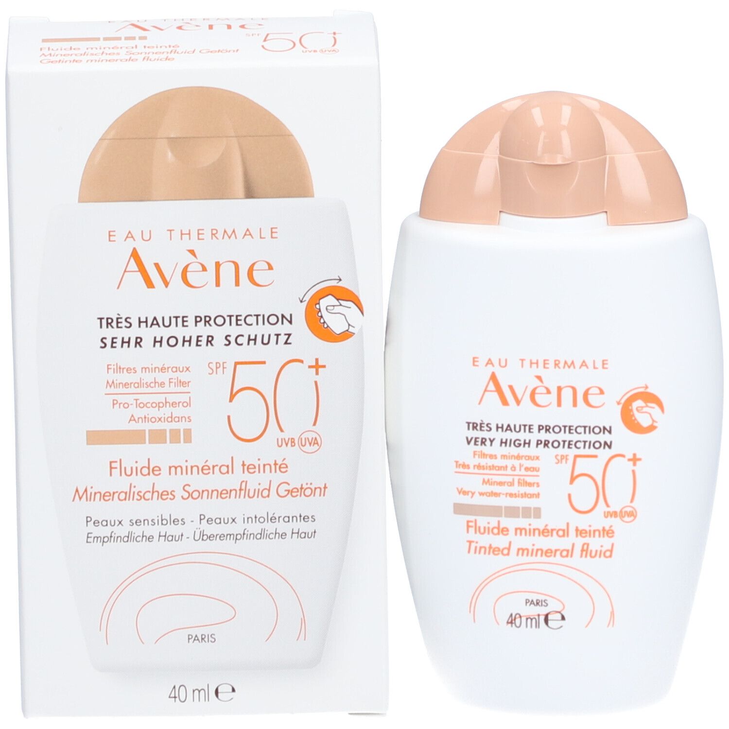 Product en verpakking. Witte doos en fles. Opschrift: Eau Thermale Avène, Zeer hoge bescherming SPF 50+. Getinte minerale vloeistof.